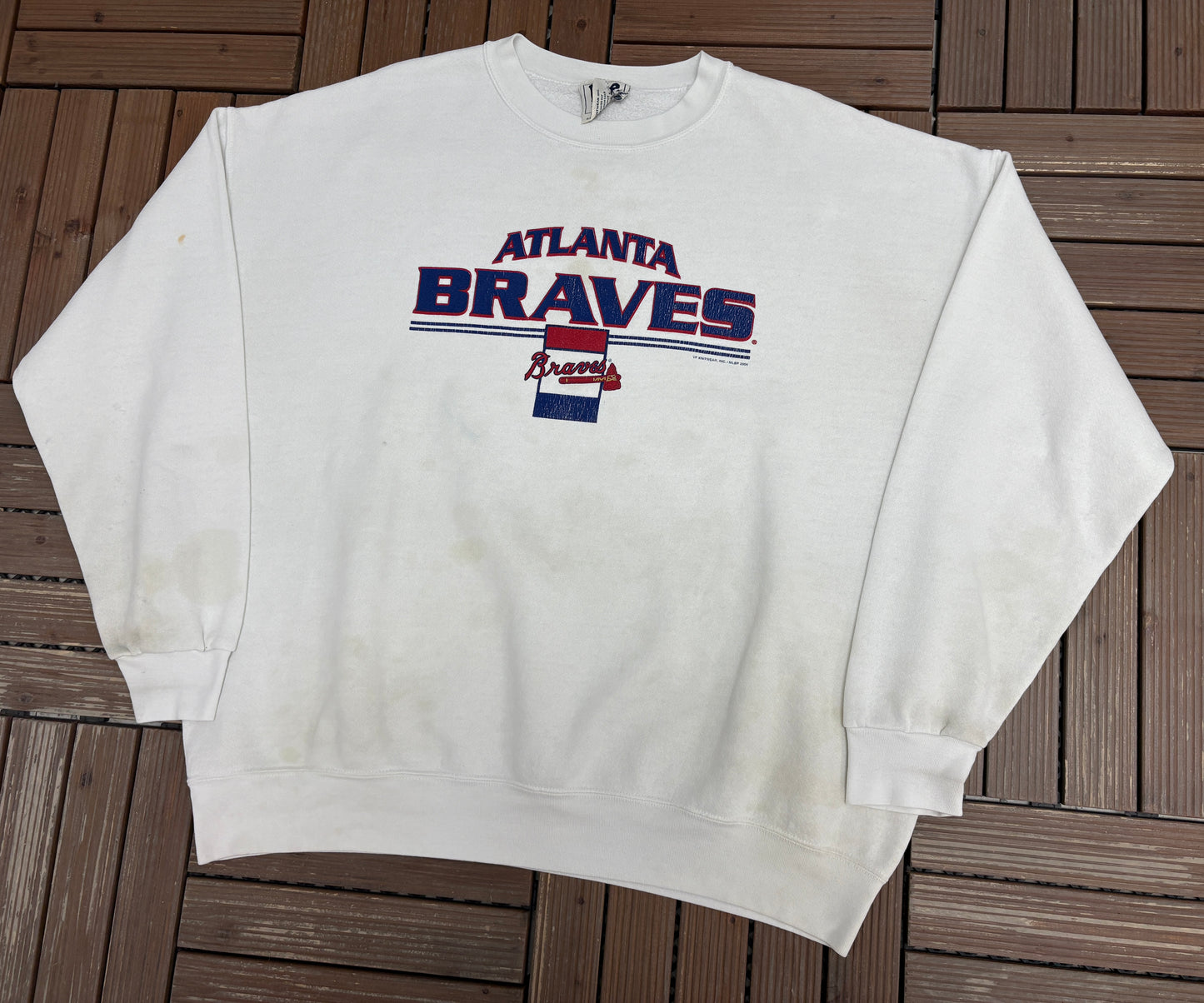 Atlanta Braves Graphic Crewneck | Size XX-Large | Vintage 2000s MLB Baseball White Sweater |