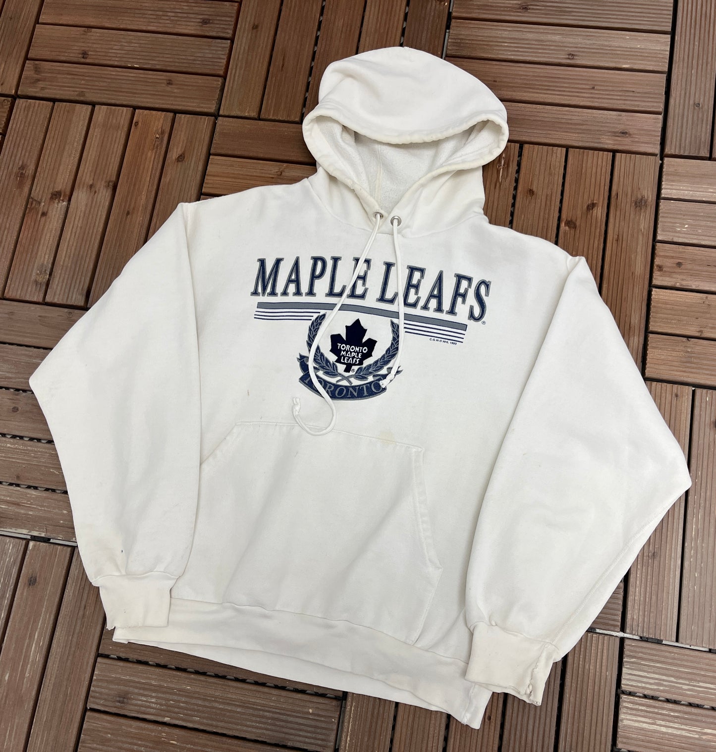 Toronto Maple Leafs Graphic Hoodie | Size Large | Vintage 1990s NHL Hockey White Sweater |