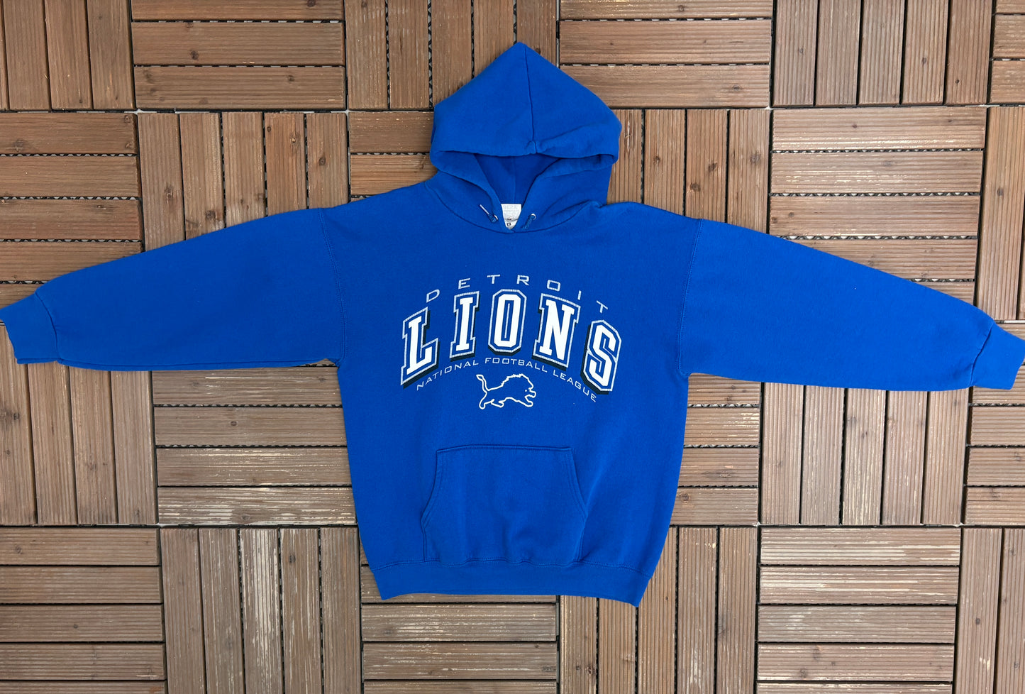 Detroit Lions Graphic Hoodie | Size Medium | Vintage 1990s NFL Football Blue Sweater |