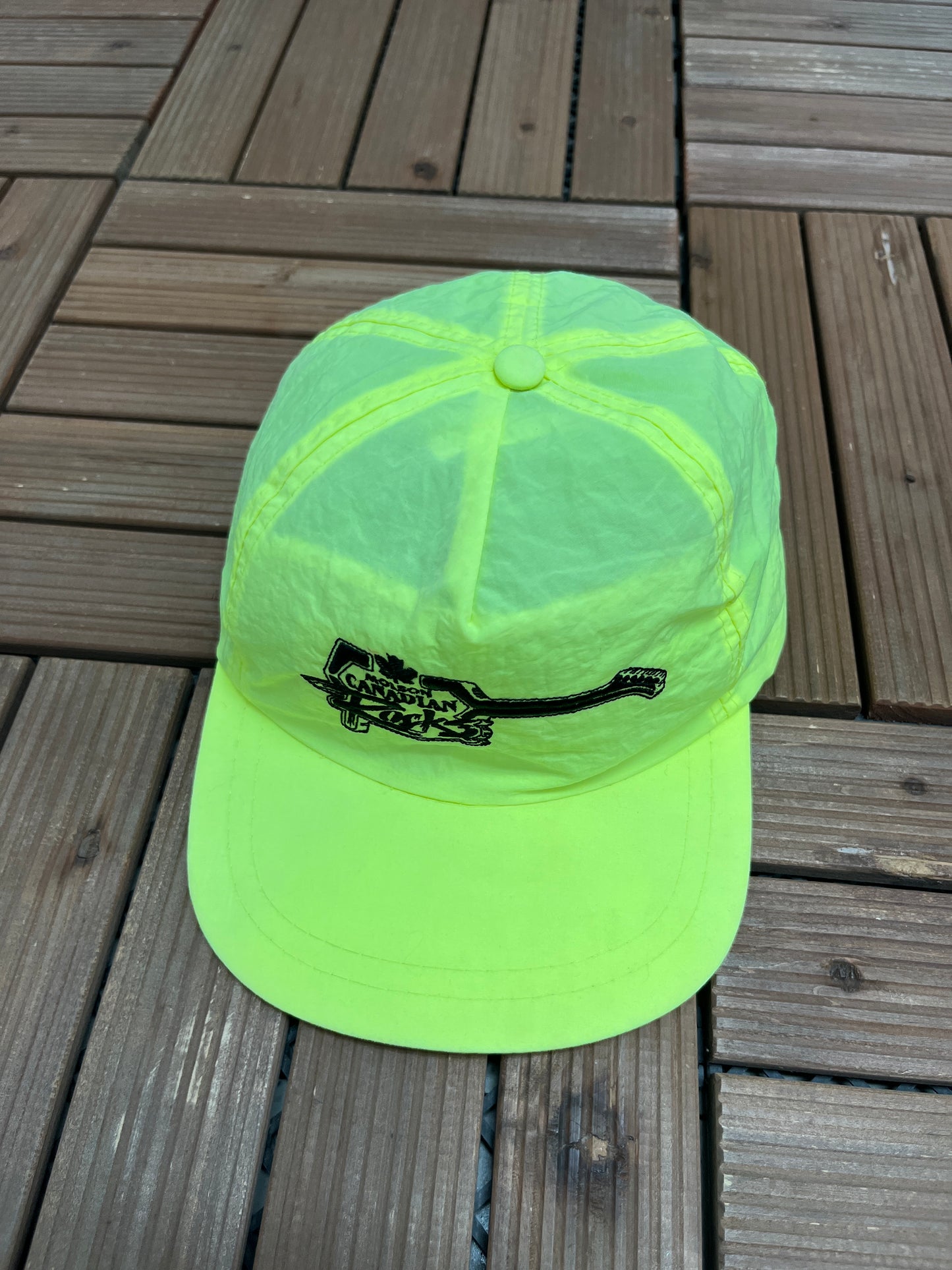 Molson Canadian Rocks Graphic Hat | Snap Back | Vintage 1990s Promotional Neon Yellow Cap |
