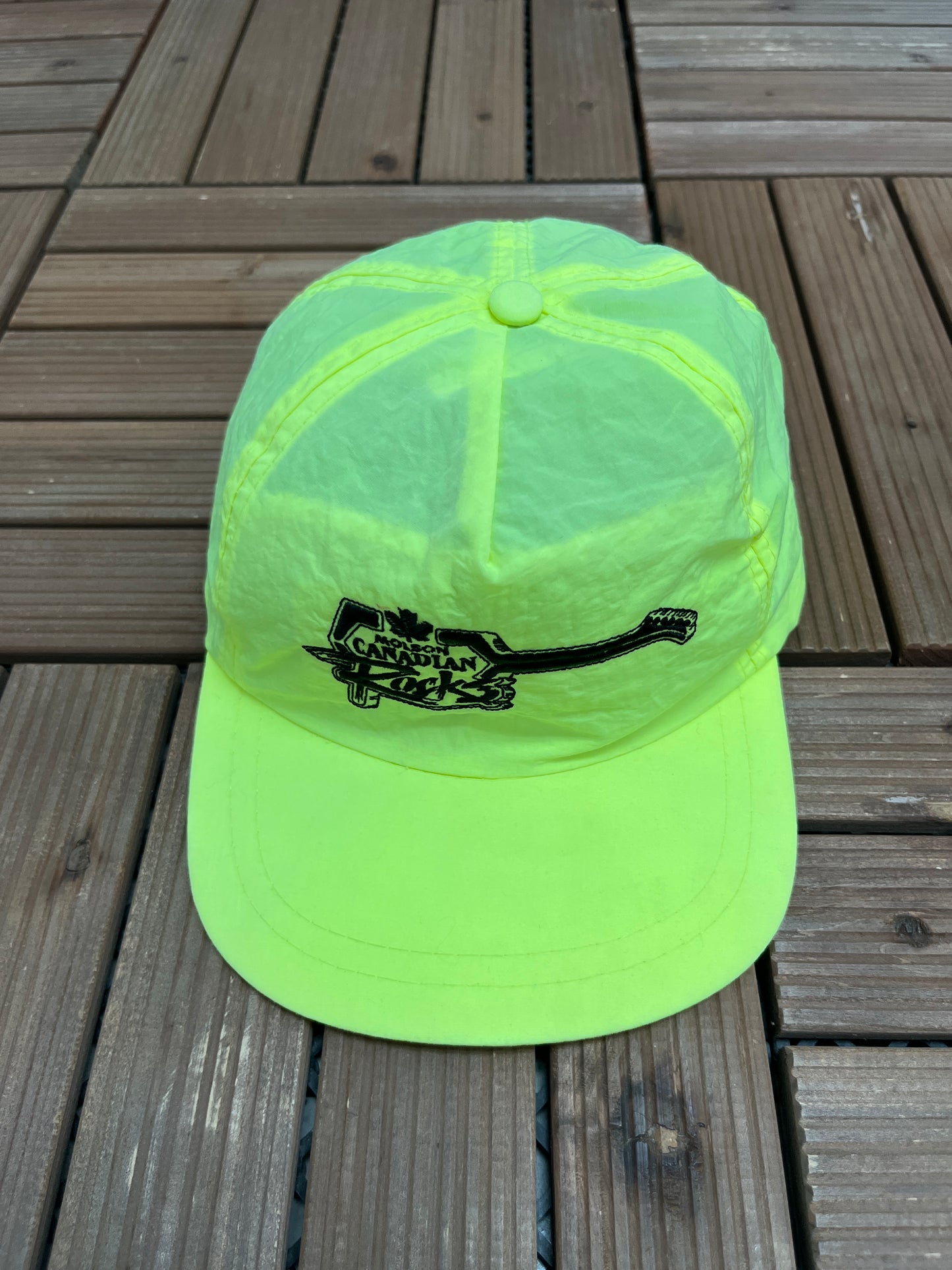 Molson Canadian Rocks Graphic Hat | Snap Back | Vintage 1990s Promotional Neon Yellow Cap |