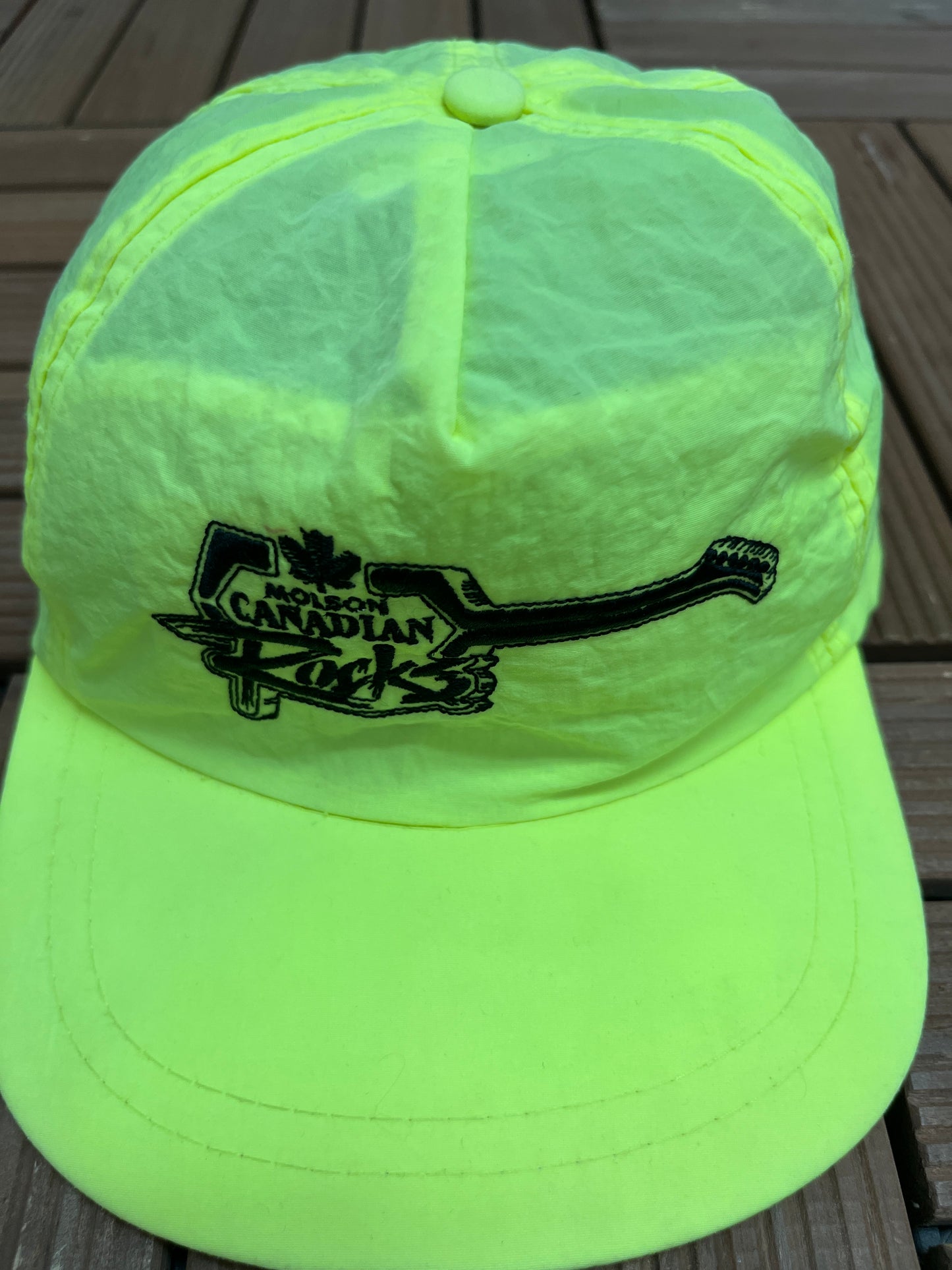 Molson Canadian Rocks Graphic Hat | Snap Back | Vintage 1990s Promotional Neon Yellow Cap |