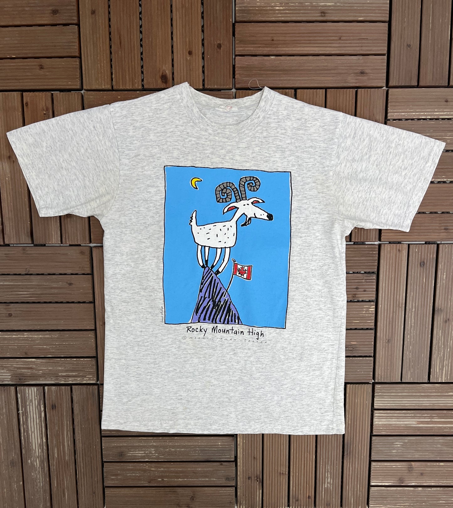 Rocky Mountain High Graphic Tee | Size Medium | Vintage 1990s Marci Lipman Grey T-Shirt |
