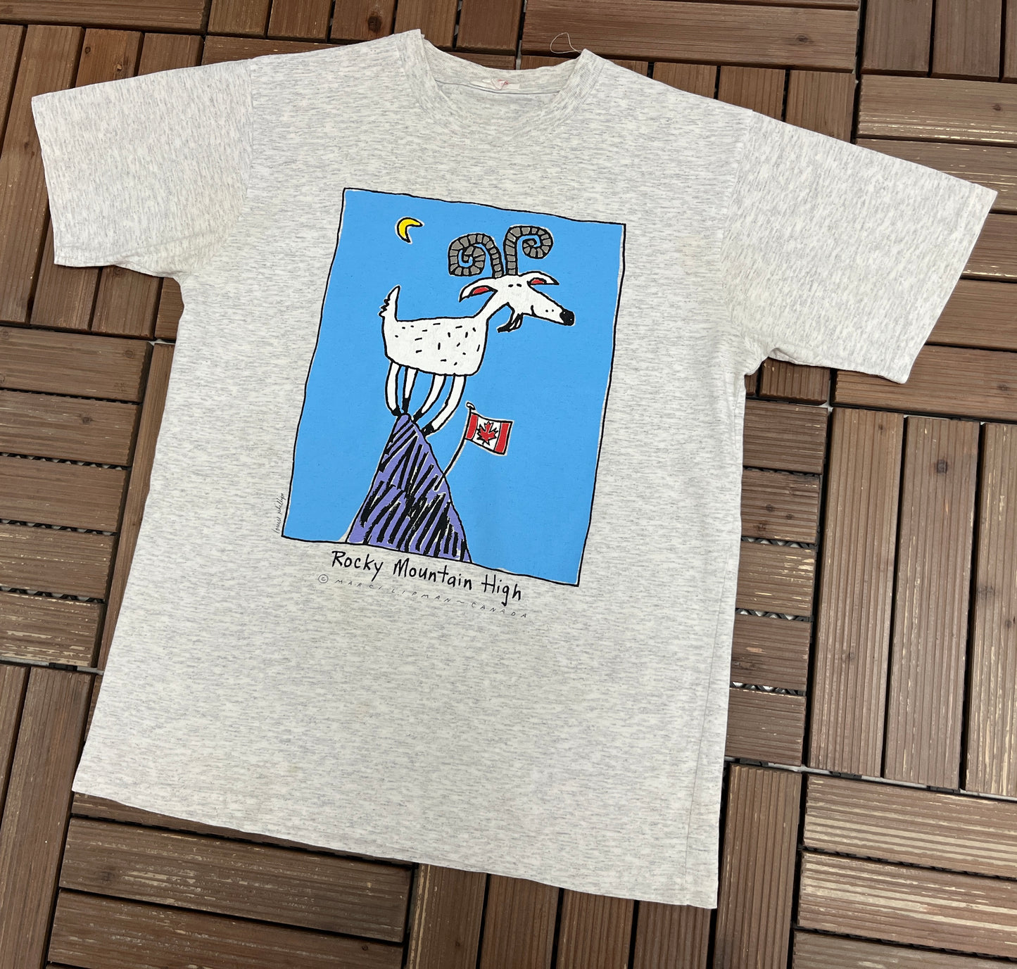 Rocky Mountain High Graphic Tee | Size Medium | Vintage 1990s Marci Lipman Grey T-Shirt |