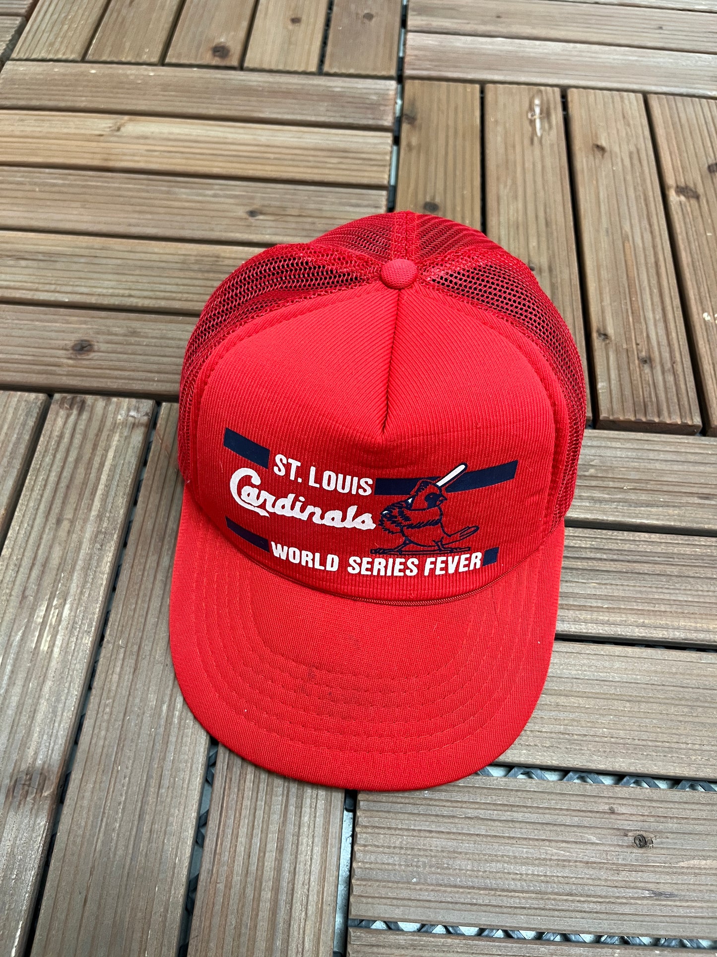 St. Louis Cardinals World Series Fever Graphic Hat | Snap Back | Vintage 1990s MLB Baseball Trucker Red Cap |