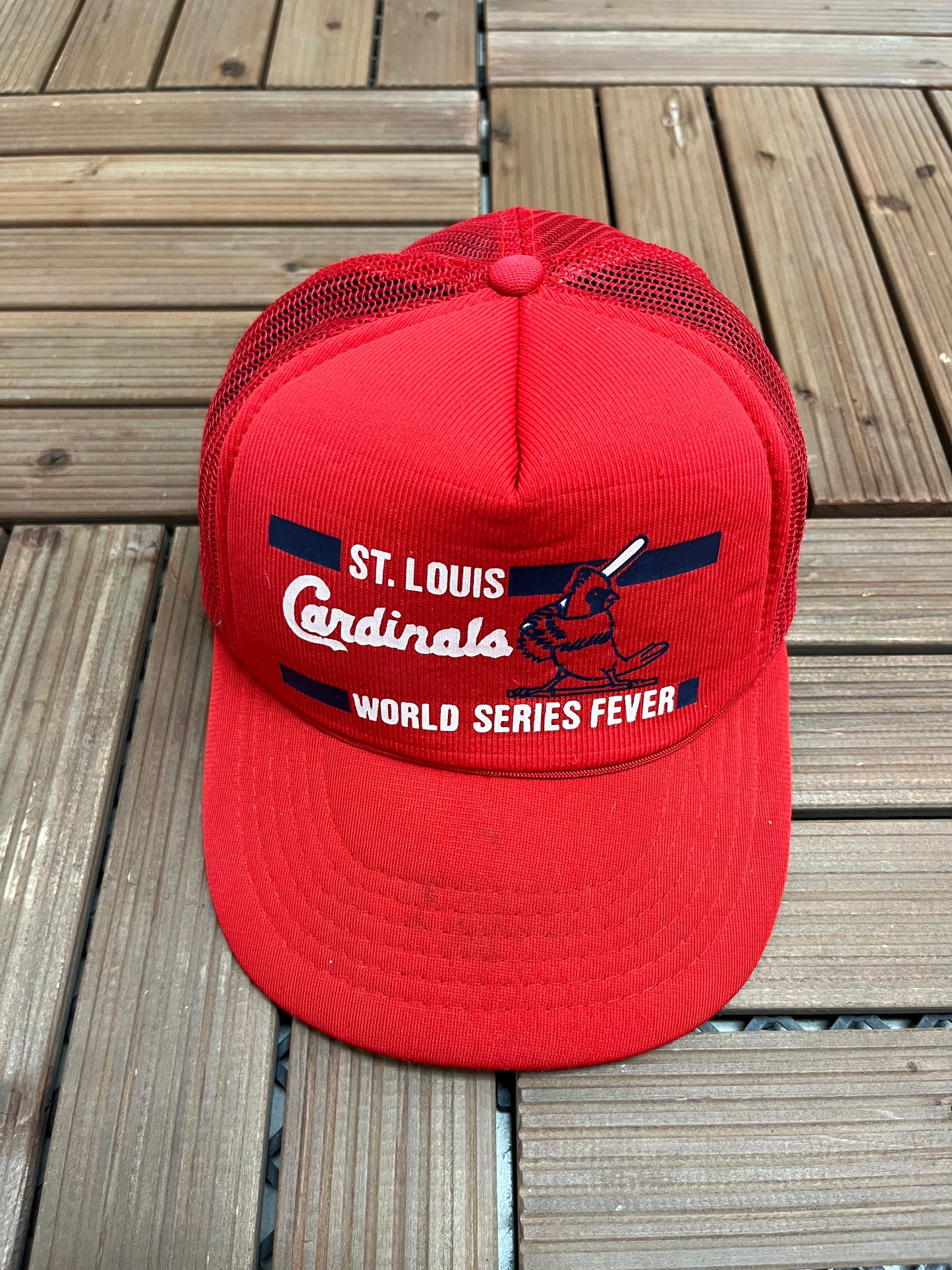 St. Louis Cardinals World Series Fever Graphic Hat | Snap Back | Vintage 1990s MLB Baseball Trucker Red Cap |