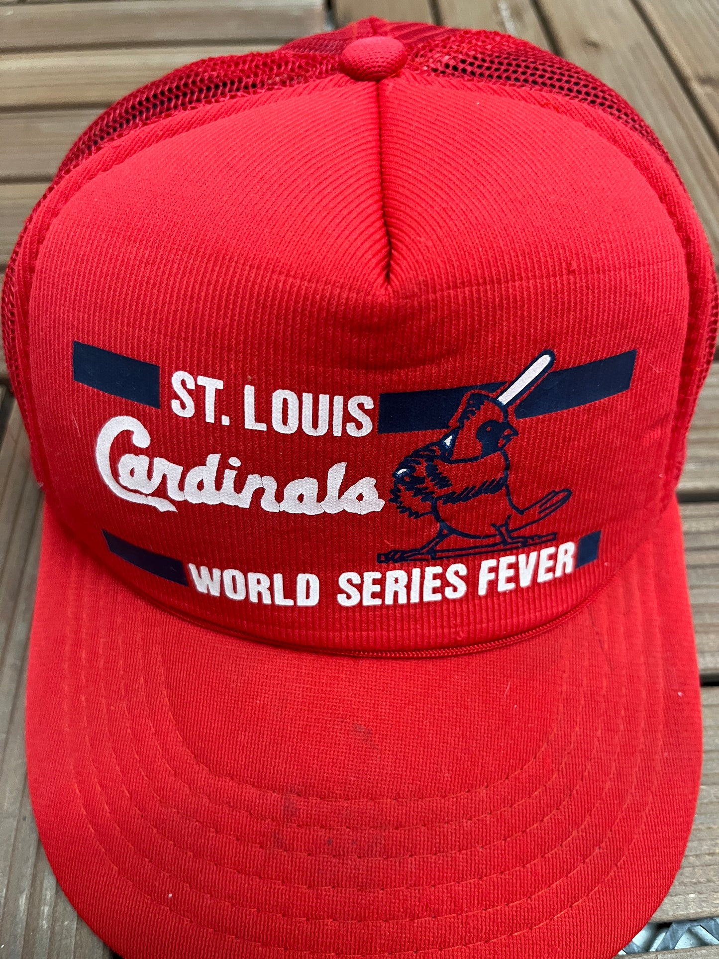 St. Louis Cardinals World Series Fever Graphic Hat | Snap Back | Vintage 1990s MLB Baseball Trucker Red Cap |
