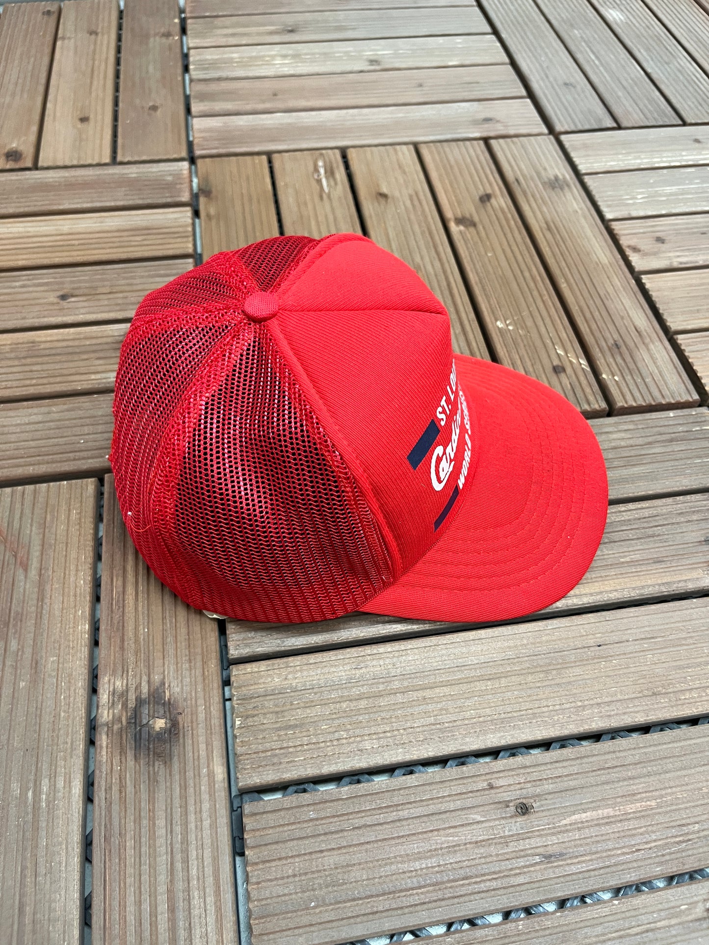 St. Louis Cardinals World Series Fever Graphic Hat | Snap Back | Vintage 1990s MLB Baseball Trucker Red Cap |