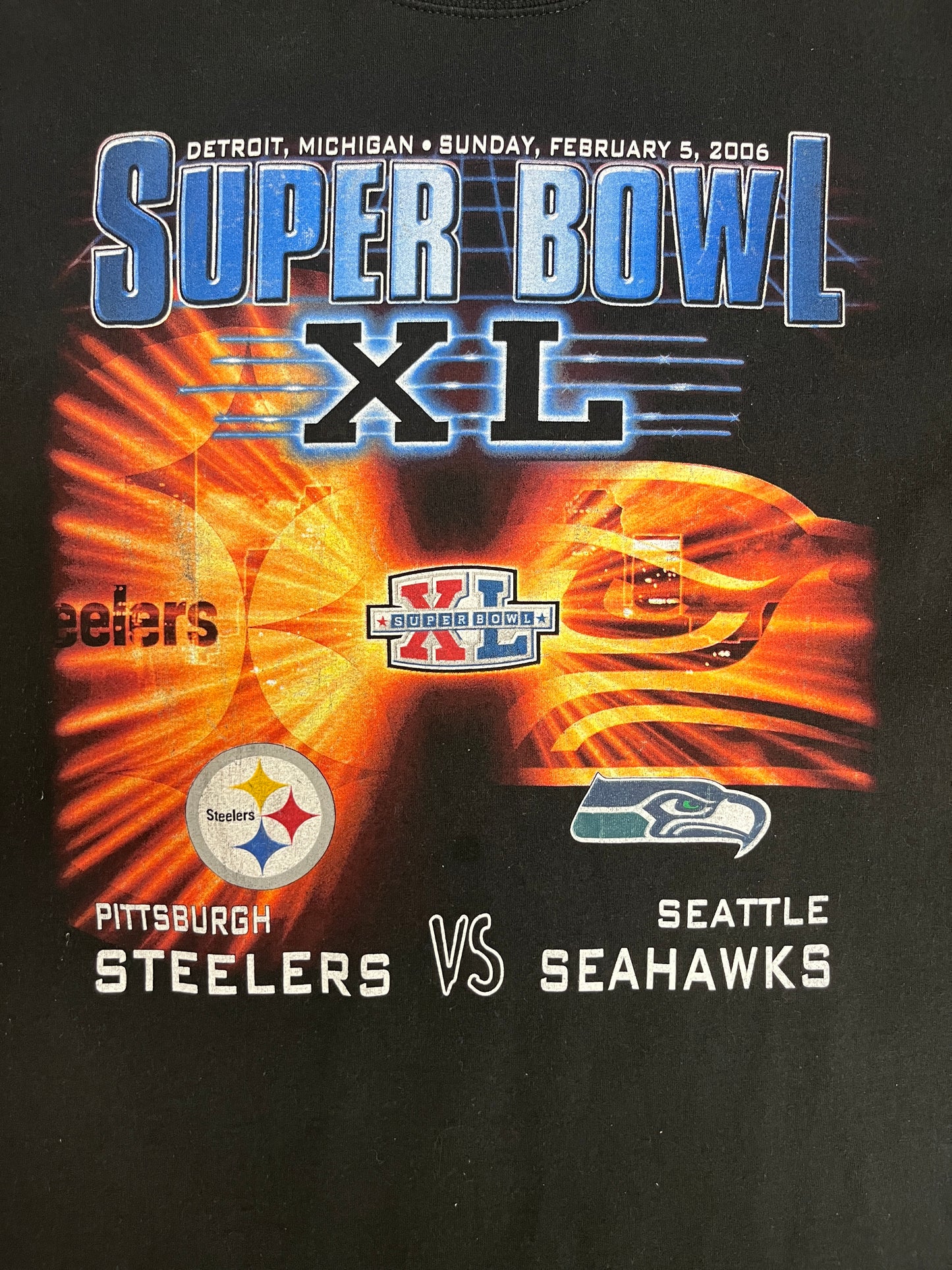 Pittsburgh Steelers vs. Seattle Seahawks Super Bowl XL Graphic Tee | Size Large | Vintage 2000s NFL Football Black T-Shirt |