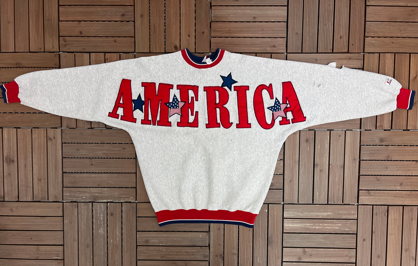 America Stitched All Over Print Graphic Crewneck | Size Large | Vintage 1990s Promotional Grey Sweater |