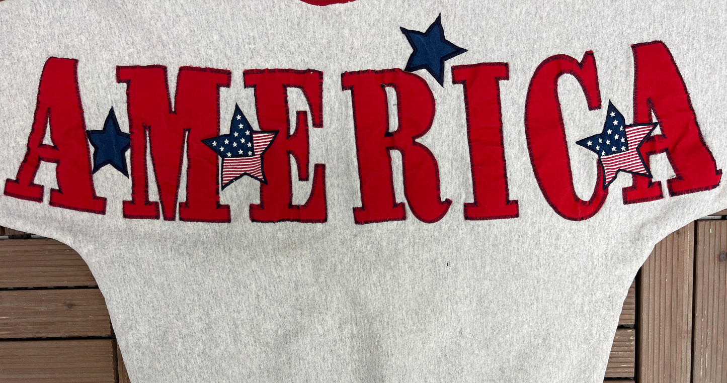 America Stitched All Over Print Graphic Crewneck | Size Large | Vintage 1990s Promotional Grey Sweater |