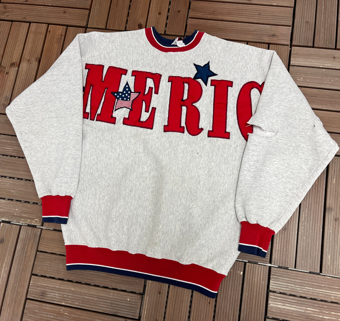 America Stitched All Over Print Graphic Crewneck | Size Large | Vintage 1990s Promotional Grey Sweater |