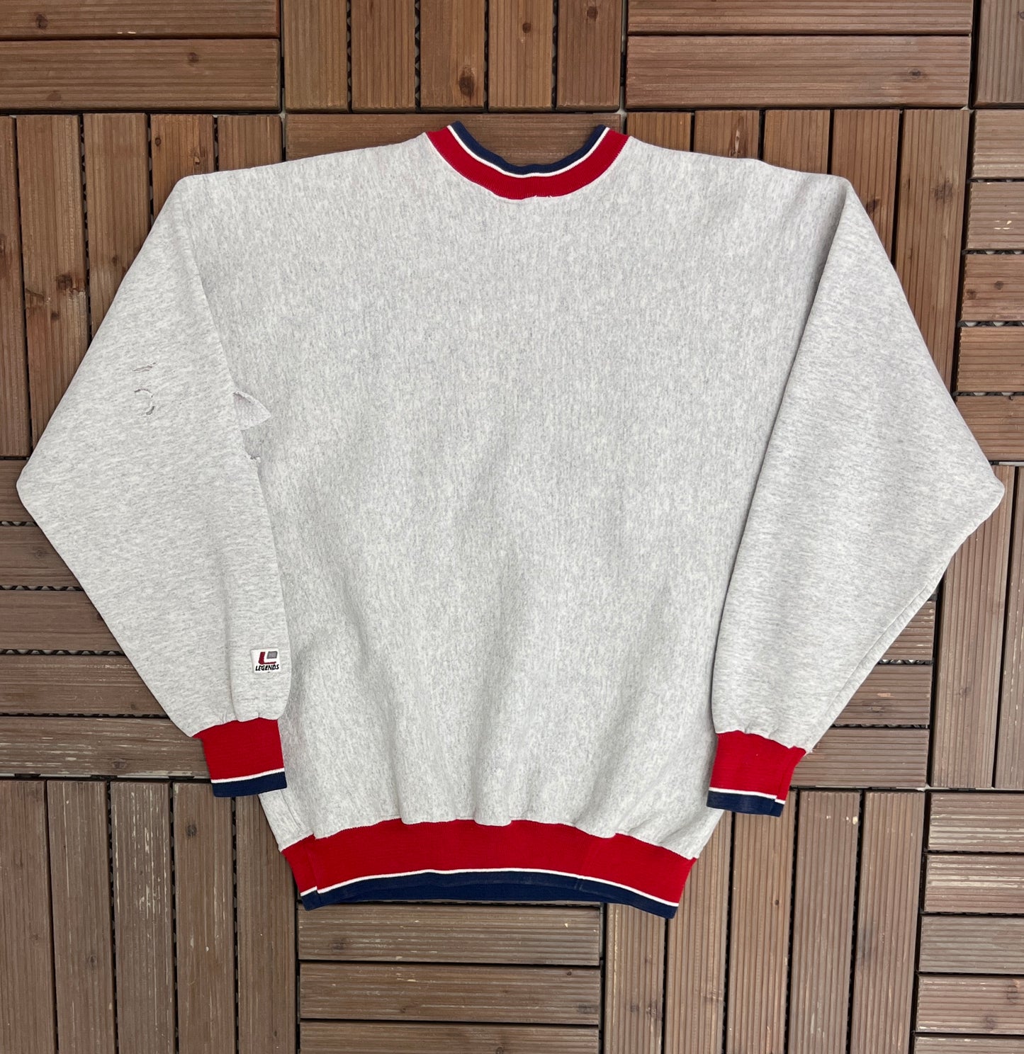 America Stitched All Over Print Graphic Crewneck | Size Large | Vintage 1990s Promotional Grey Sweater |