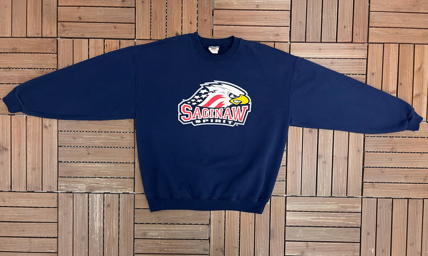 Saginaw Spirit Graphic Crewneck | Size X-Large | Vintage 2000s OHL Hockey Blue Sweater |
