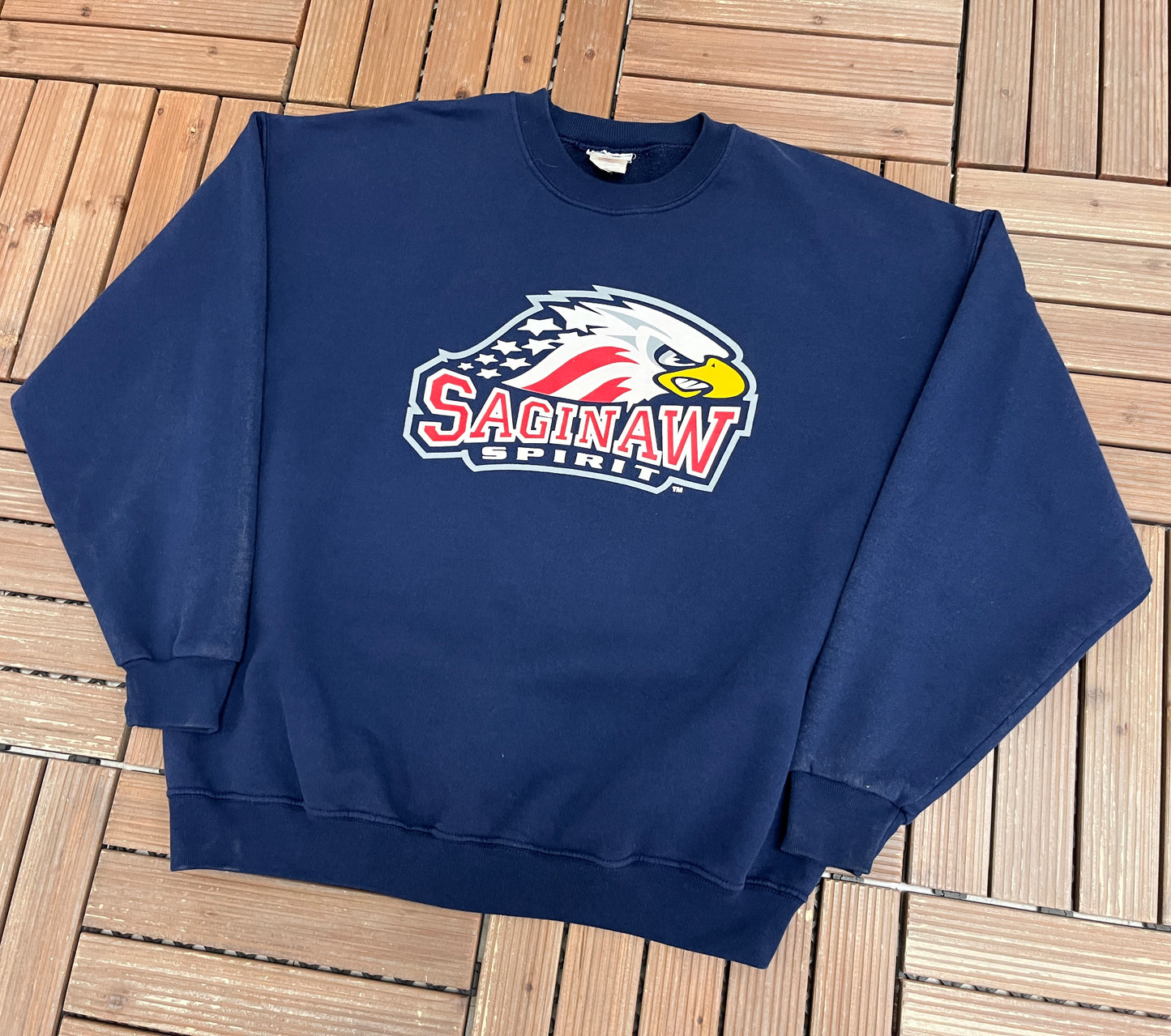 Saginaw Spirit Graphic Crewneck | Size X-Large | Vintage 2000s OHL Hockey Blue Sweater |