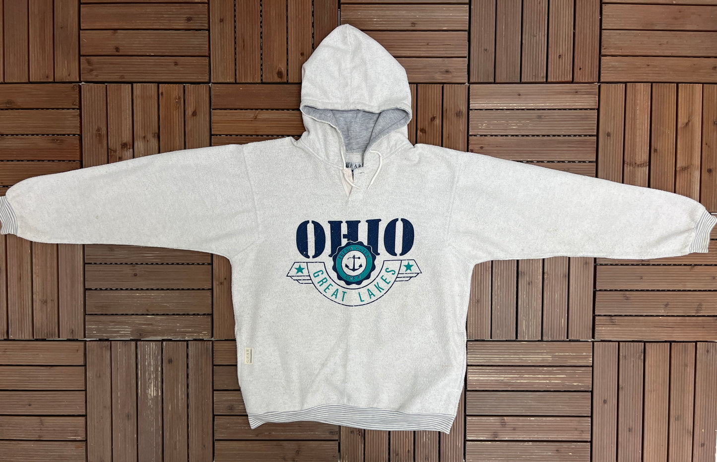 Ohio Great Lakes Graphic Hoodie | Size Large | Vintage 1990s Grey Fleece Tourist Sweater |