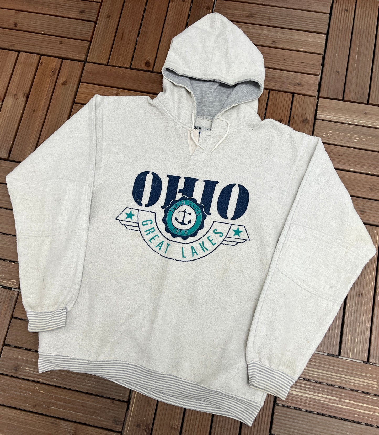 Ohio Great Lakes Graphic Hoodie | Size Large | Vintage 1990s Grey Fleece Tourist Sweater |
