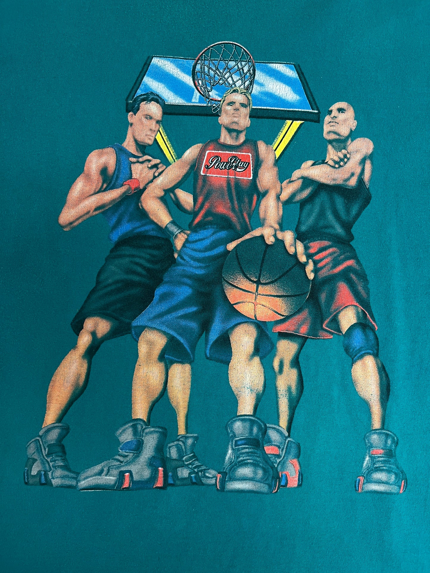 PowerPlay Basketball Graphic Tee | Size X-Large | Vintage 1990s Basketball Teal T-Shirt |