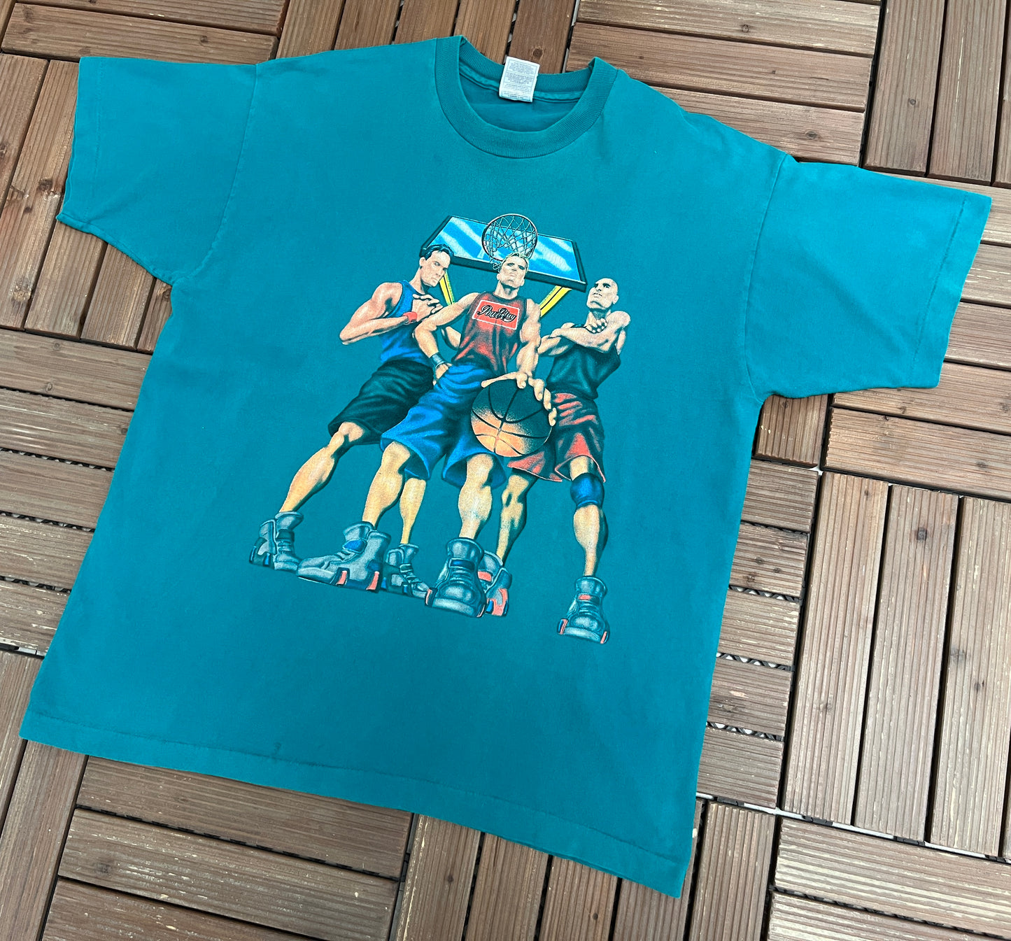 PowerPlay Basketball Graphic Tee | Size X-Large | Vintage 1990s Basketball Teal T-Shirt |