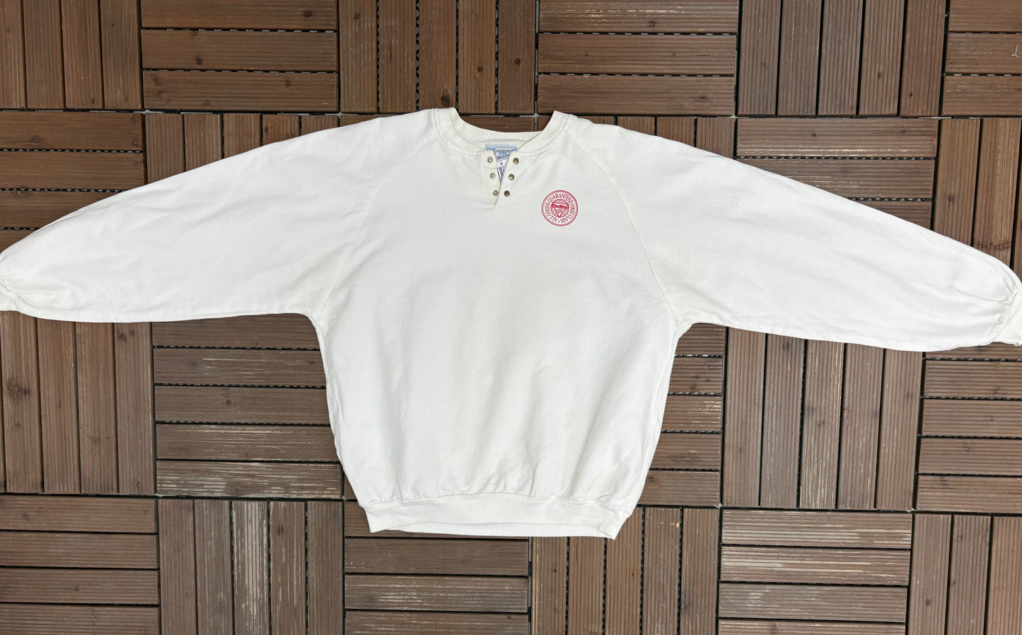 OshKosh All Goods Guaranteed First Class Graphic Crewneck | Size Large | Vintage 1990s Promotional White Sweater |