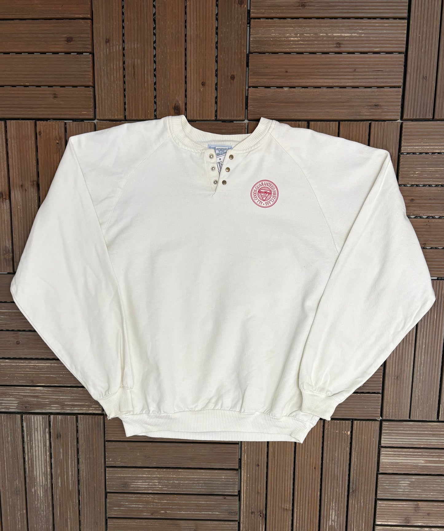 OshKosh All Goods Guaranteed First Class Graphic Crewneck | Size Large | Vintage 1990s Promotional White Sweater |