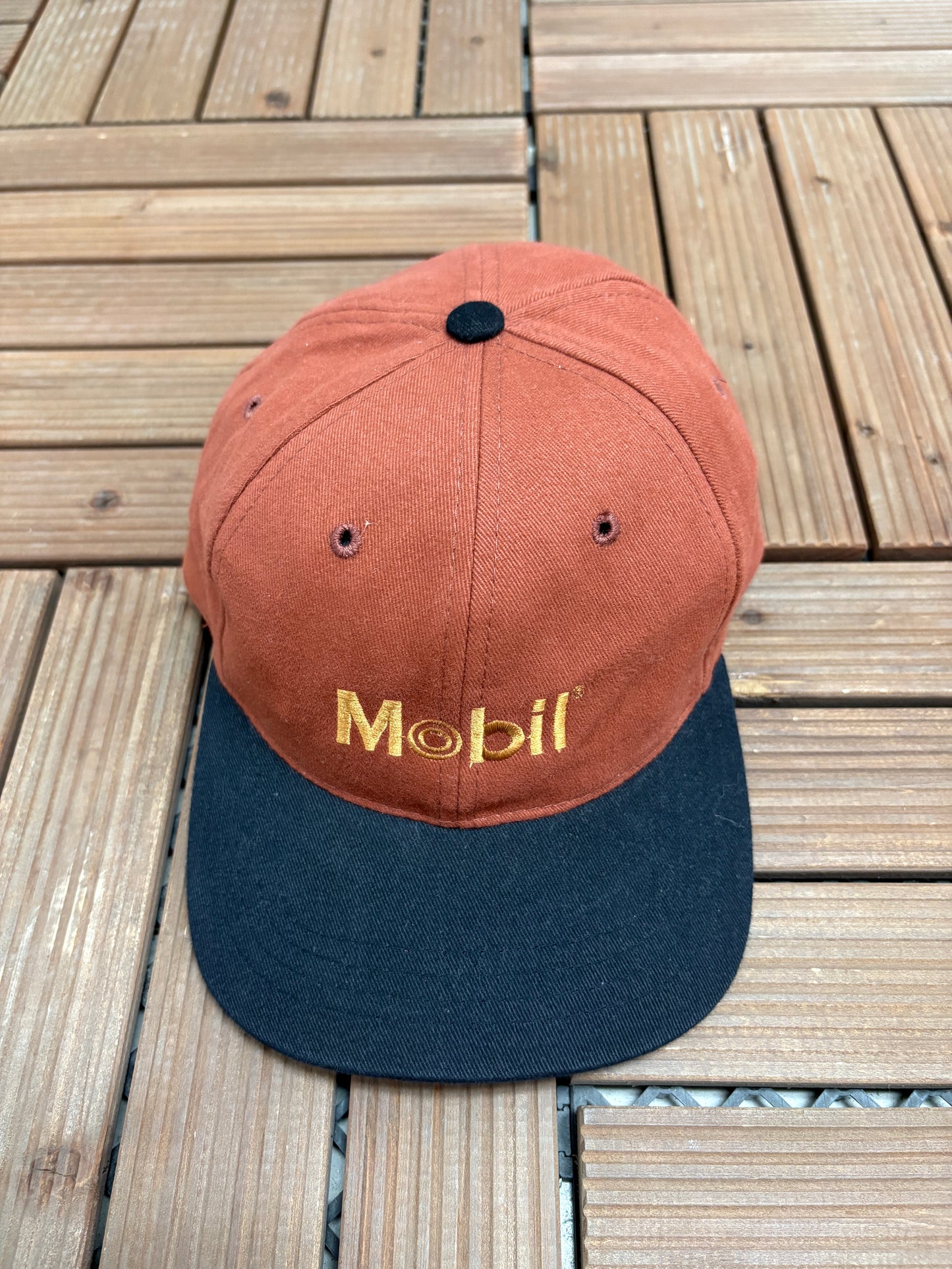 Mobil Embroidered Graphic Hat | Metal Clasp | Vintage 1990s Promotional Red Cap |
