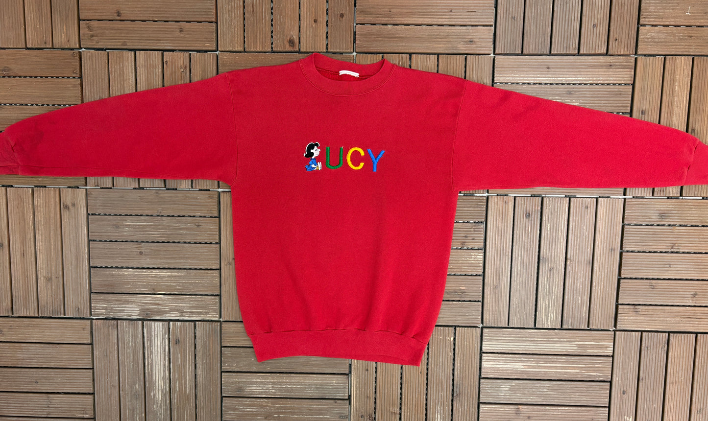 Lucy Embroidered Graphic Crewneck | Size Large | Vintage 1990s Peanuts Cartoon Red Sweater |
