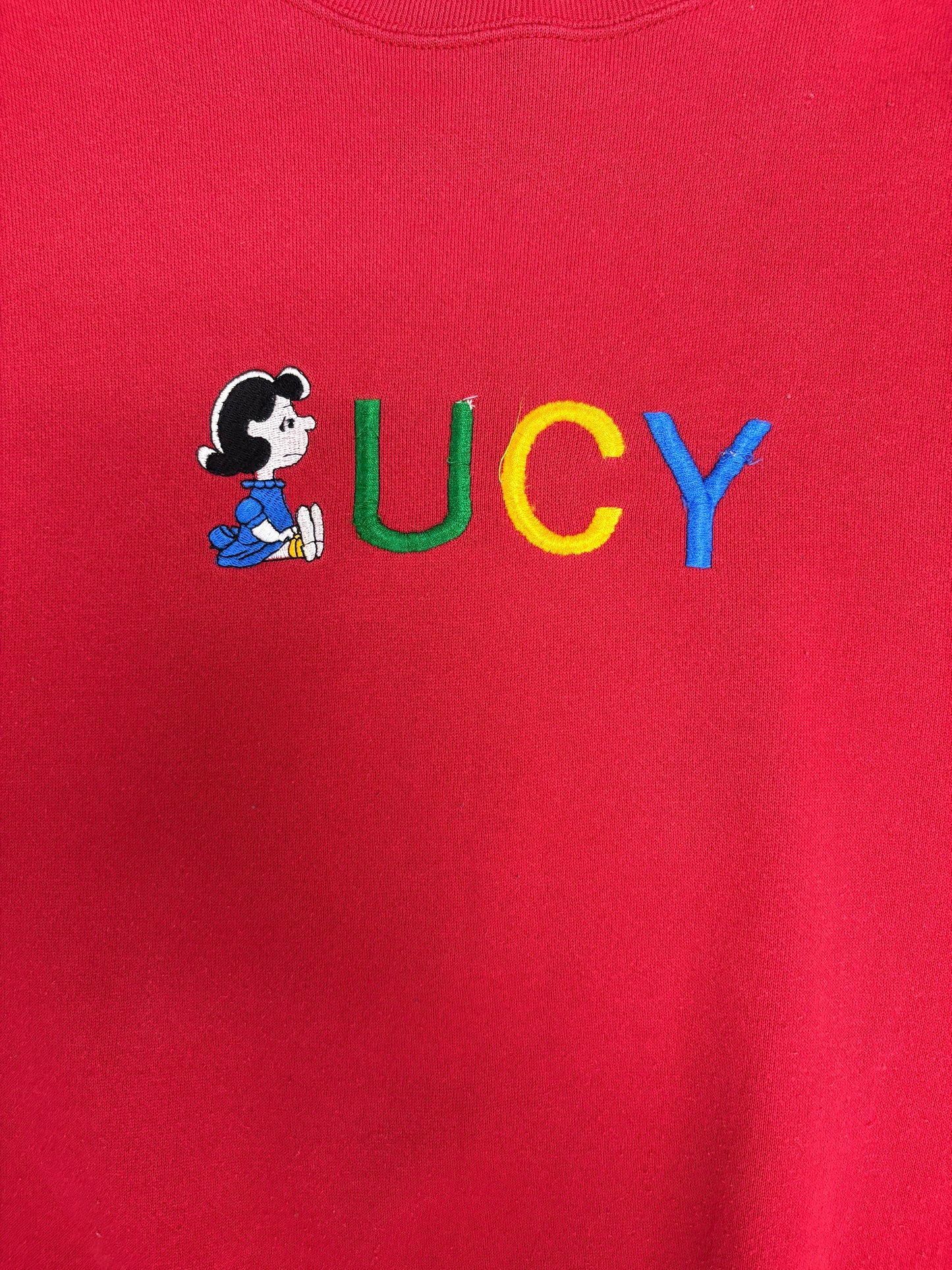 Lucy Embroidered Graphic Crewneck | Size Large | Vintage 1990s Peanuts Cartoon Red Sweater |