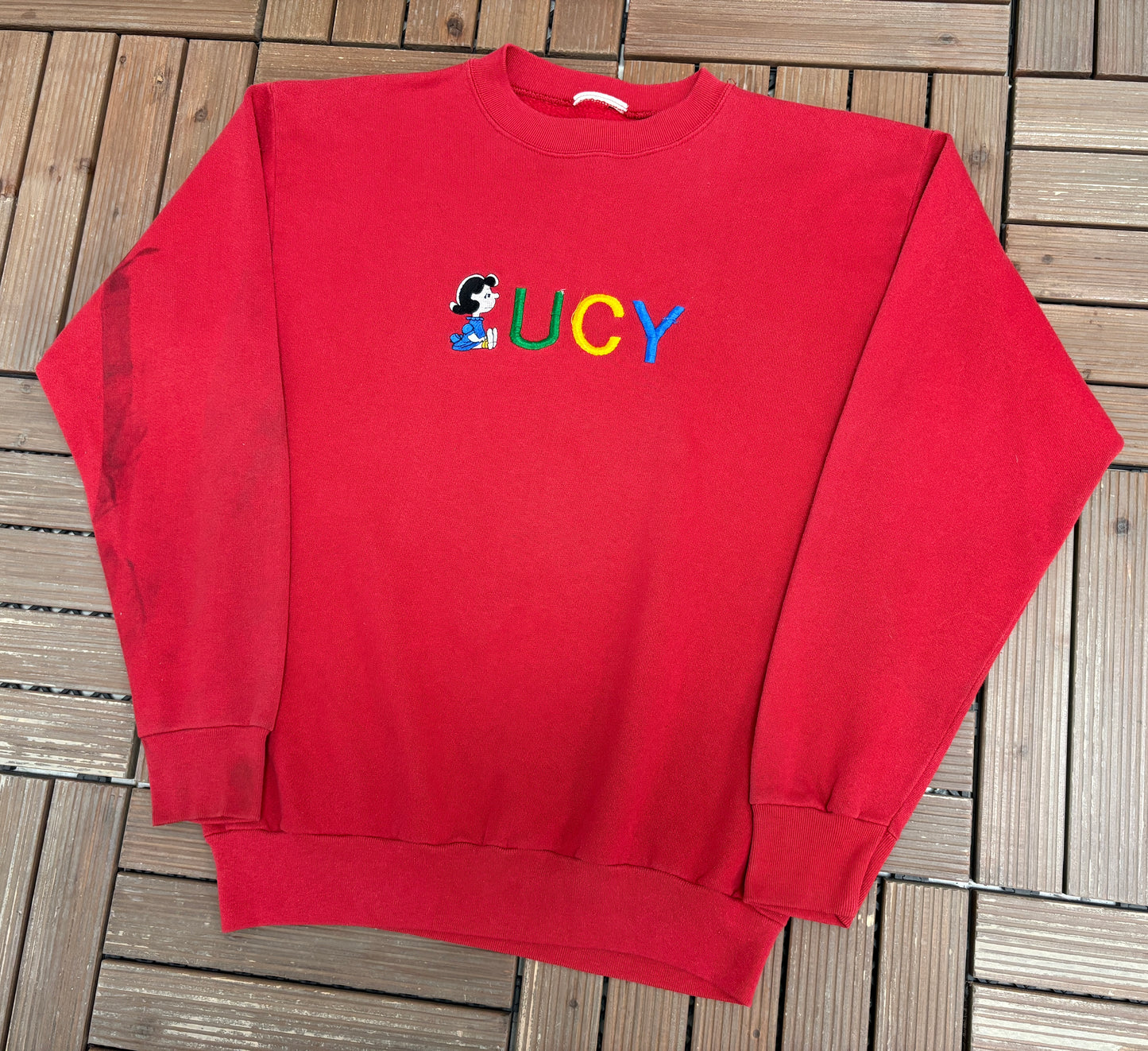 Lucy Embroidered Graphic Crewneck | Size Large | Vintage 1990s Peanuts Cartoon Red Sweater |