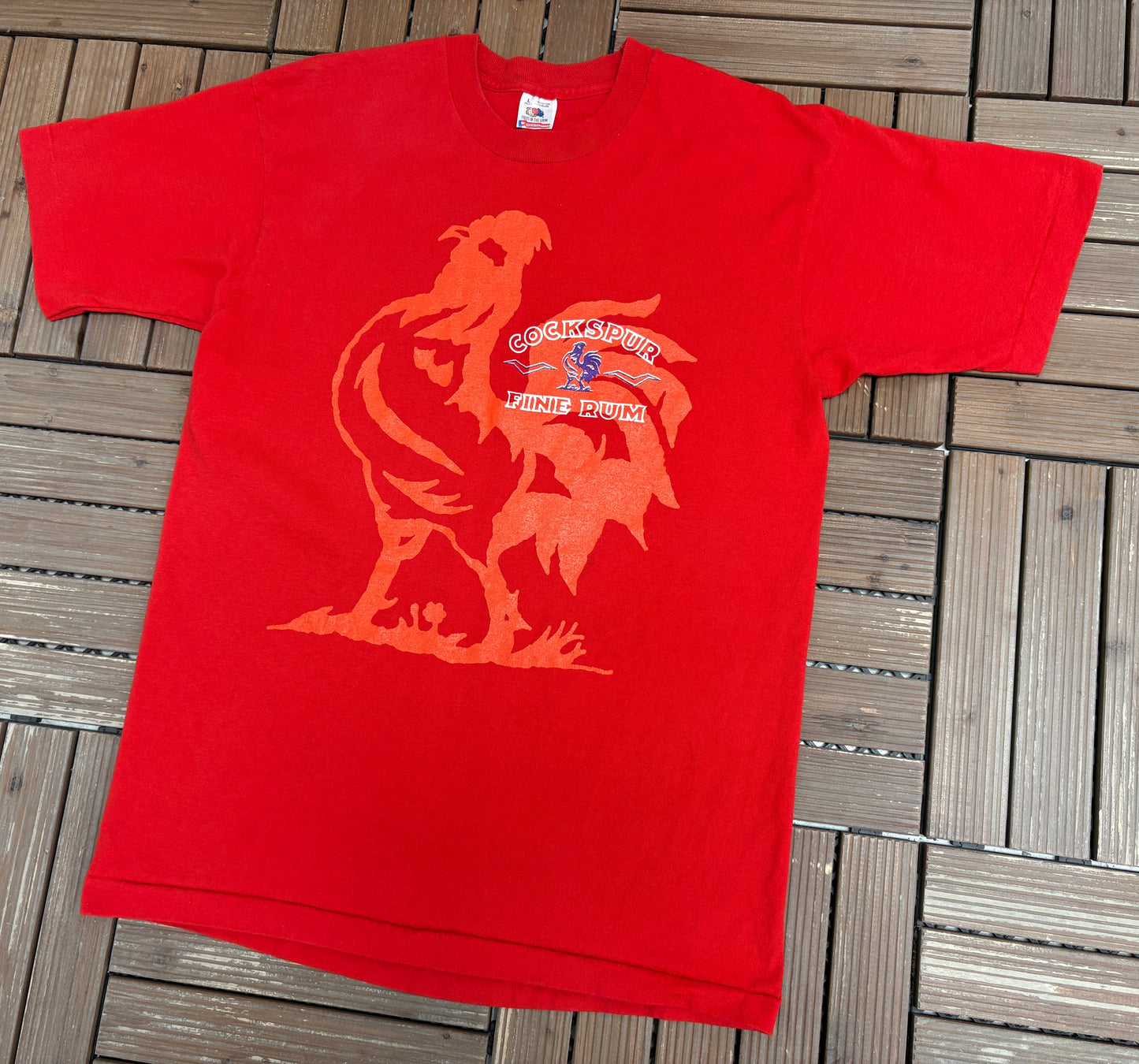 Cockspur Fine Rum Graphic Tee | Size Large | Vintage 1990s Alcohol Promotional Red T-Shirt |