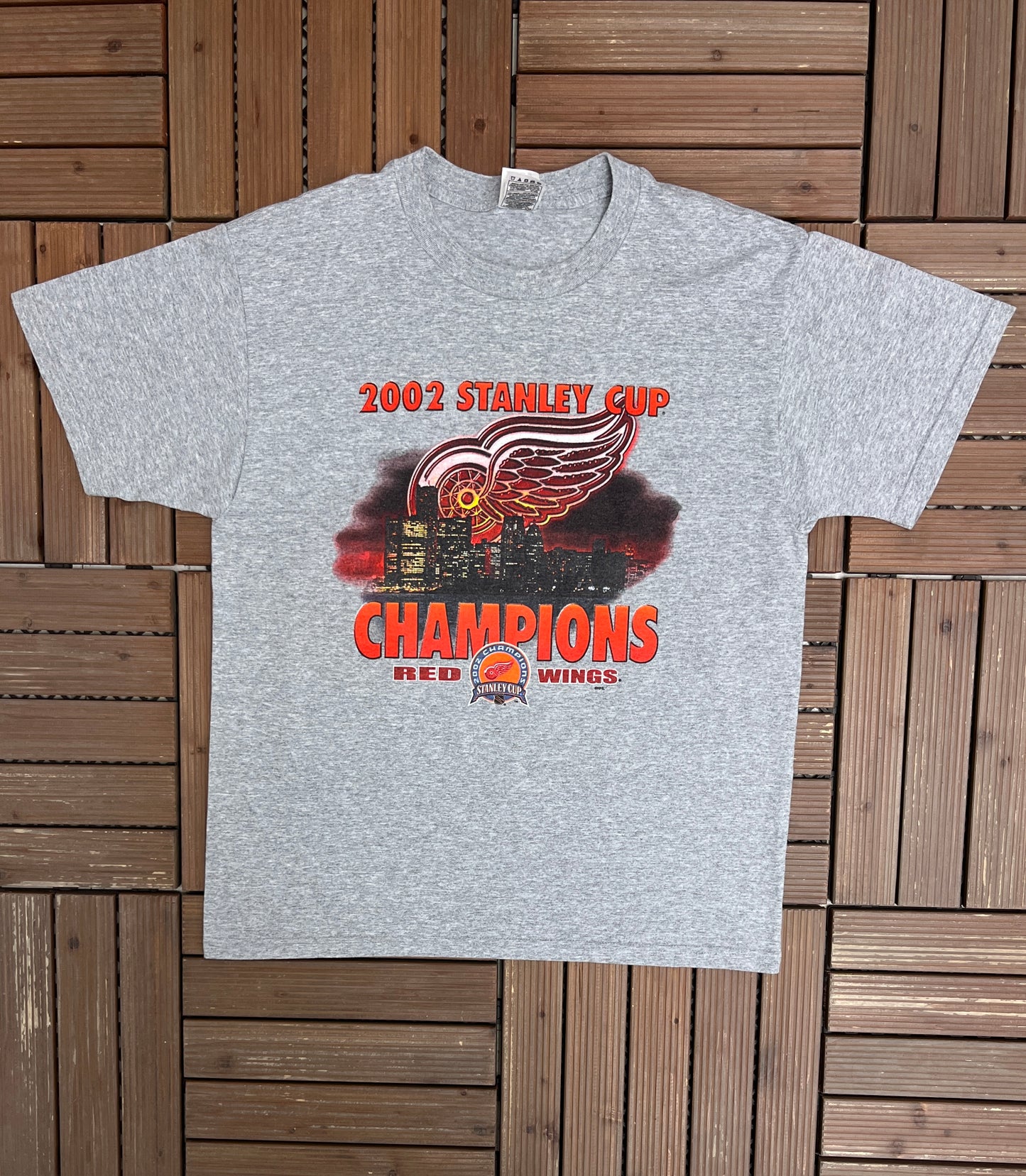 Detroit Red Wings Stanley Cup Champions 2002 Graphic Tee | Size Large | Vintage 2000s NHL Hockey Grey T-Shirt |