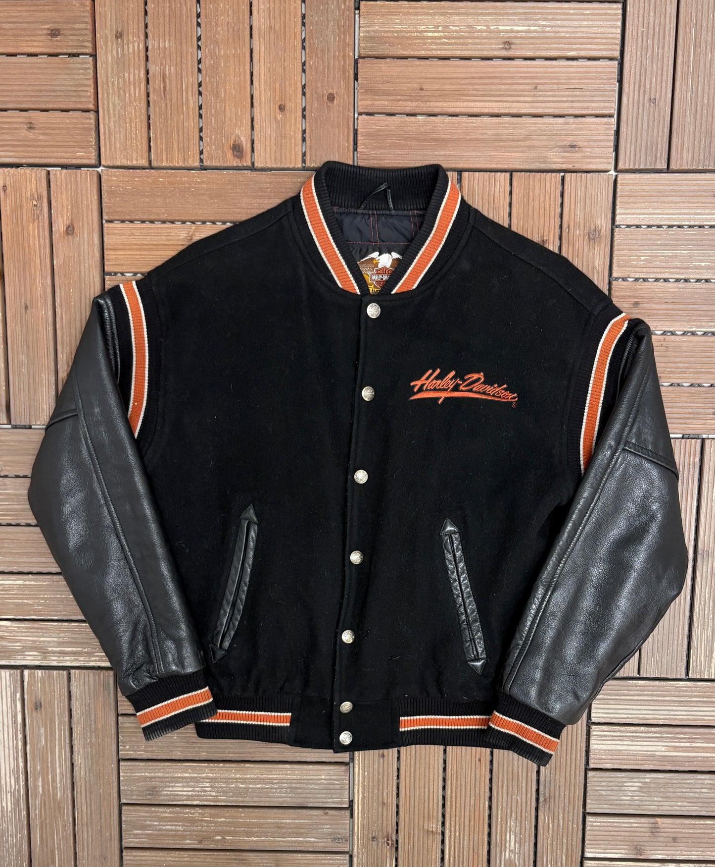 Harley Davidson Embroidered Graphic Jacket | Size Small | Vintage 1990s Black Varsity Bomber Jacket |