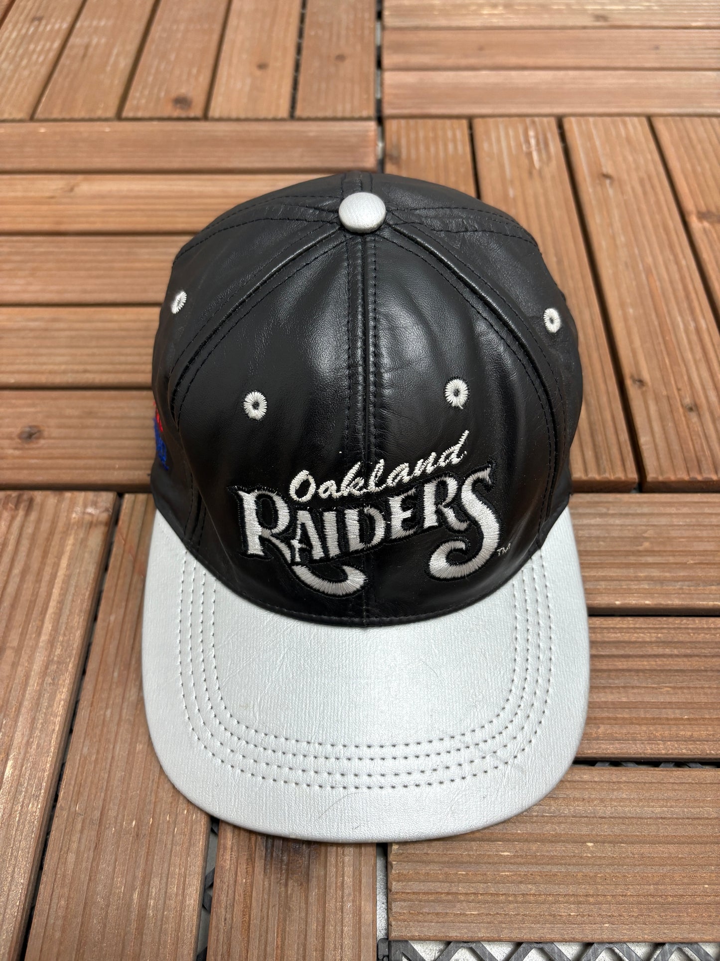 Oakland Raiders Football Embroidered Graphic Hat | Snap Back | Vintage 2000s NFL Football Black Leather Cap |