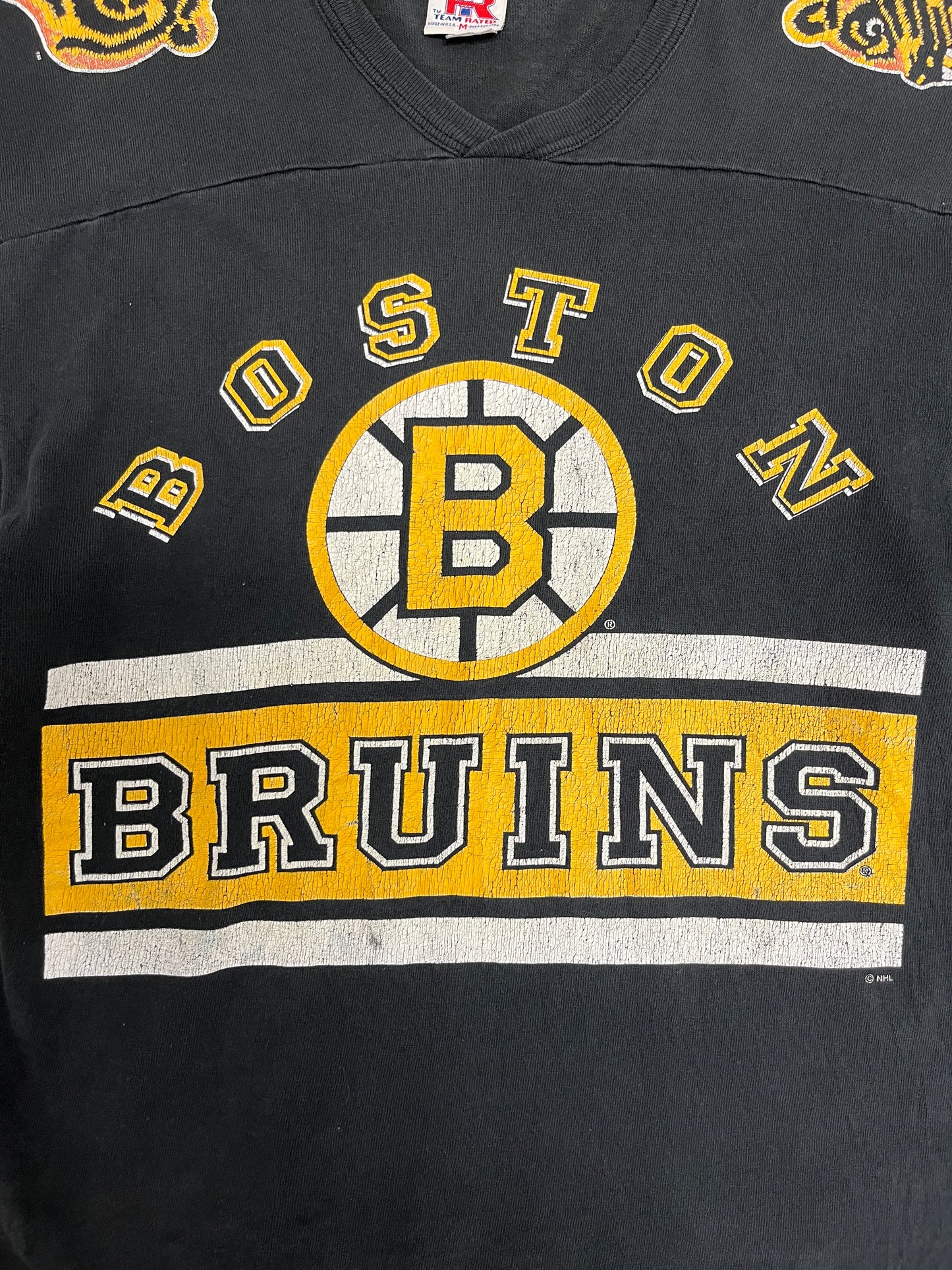 Boston Bruins Graphic Tee | Size Medium | Vintage 1990s NHL Hockey Black 3/4 Sleeve T-Shirt |