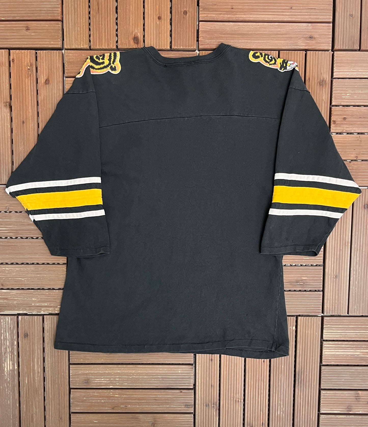 Boston Bruins Graphic Tee | Size Medium | Vintage 1990s NHL Hockey Black 3/4 Sleeve T-Shirt |