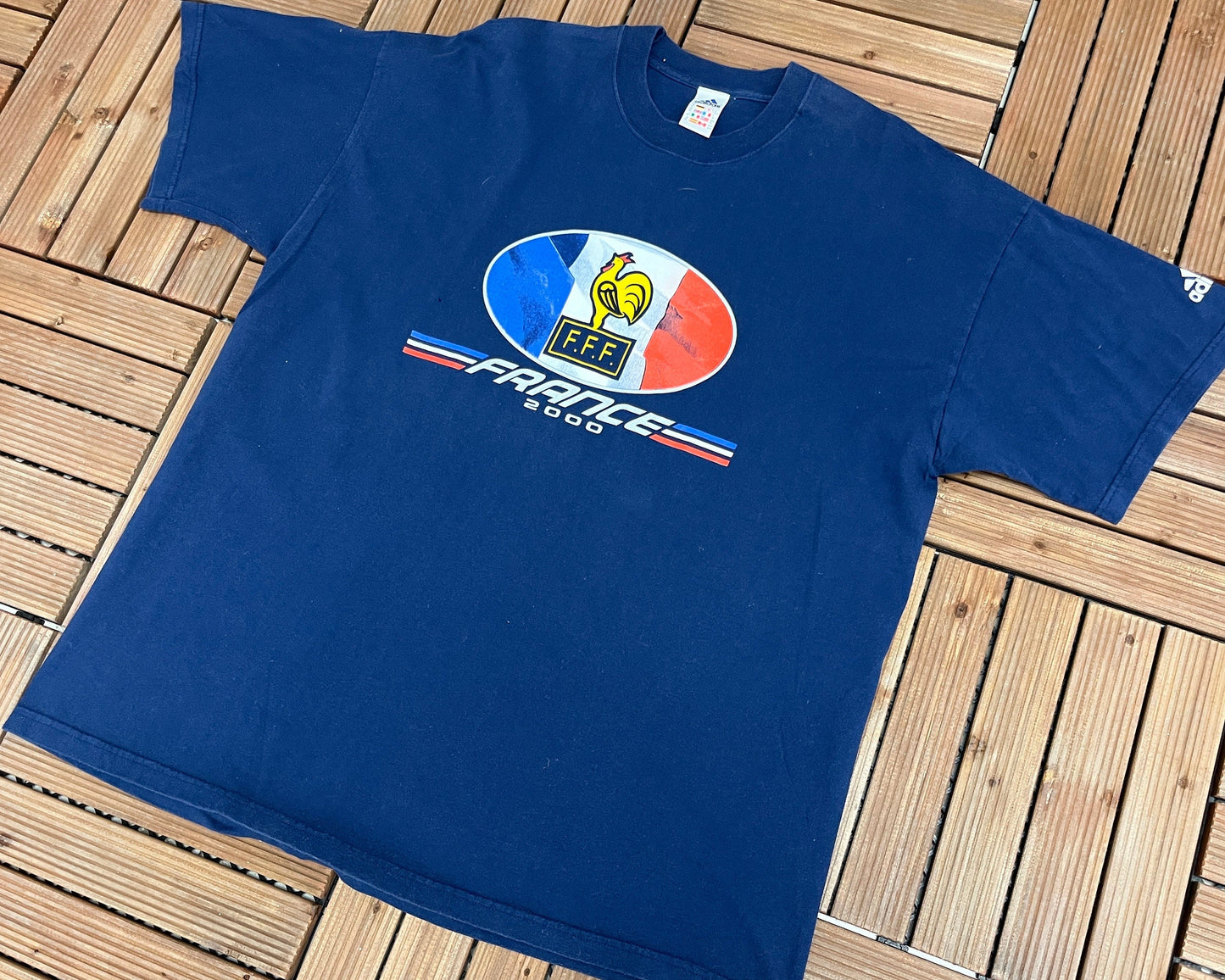 French Football Federation 2000 Graphic Tee | Size X-Large | Vintage 2000s Adidas Soccer Football Blue T-Shirt |