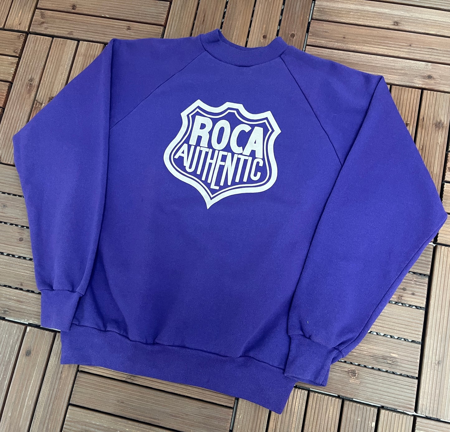 Roca Authentic Graphic Crewneck | Size XX-Large | Vintage 1980s Branded Promotional Purple Sweatshirt |