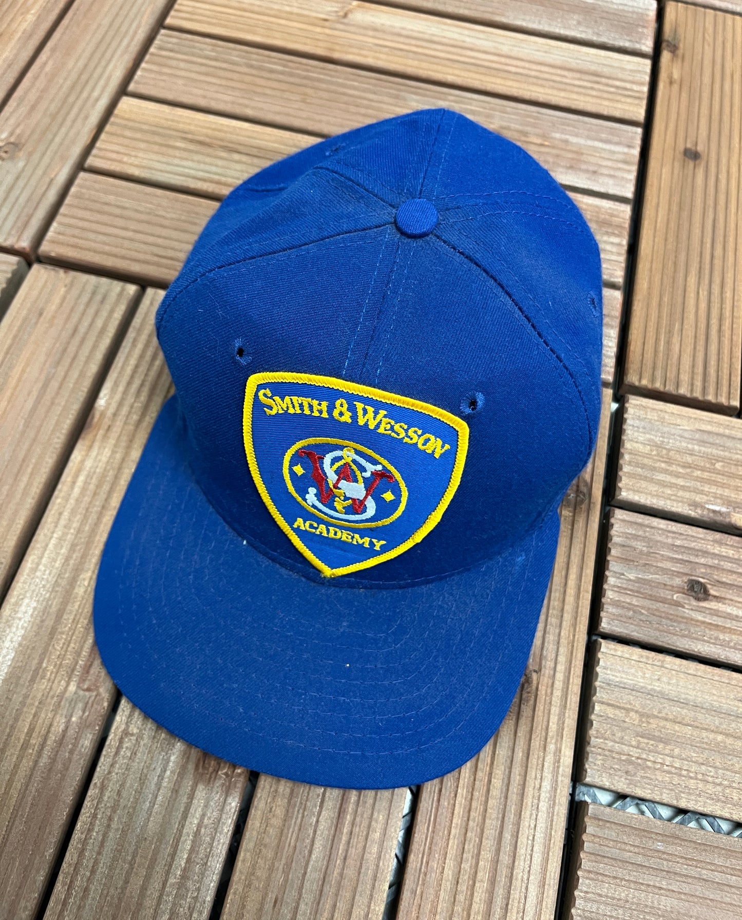 Smith & Wesson Academy Patch Graphic Hat | Adjustable With Snap Back | Vintage 1990s Promotional Blue Cap |