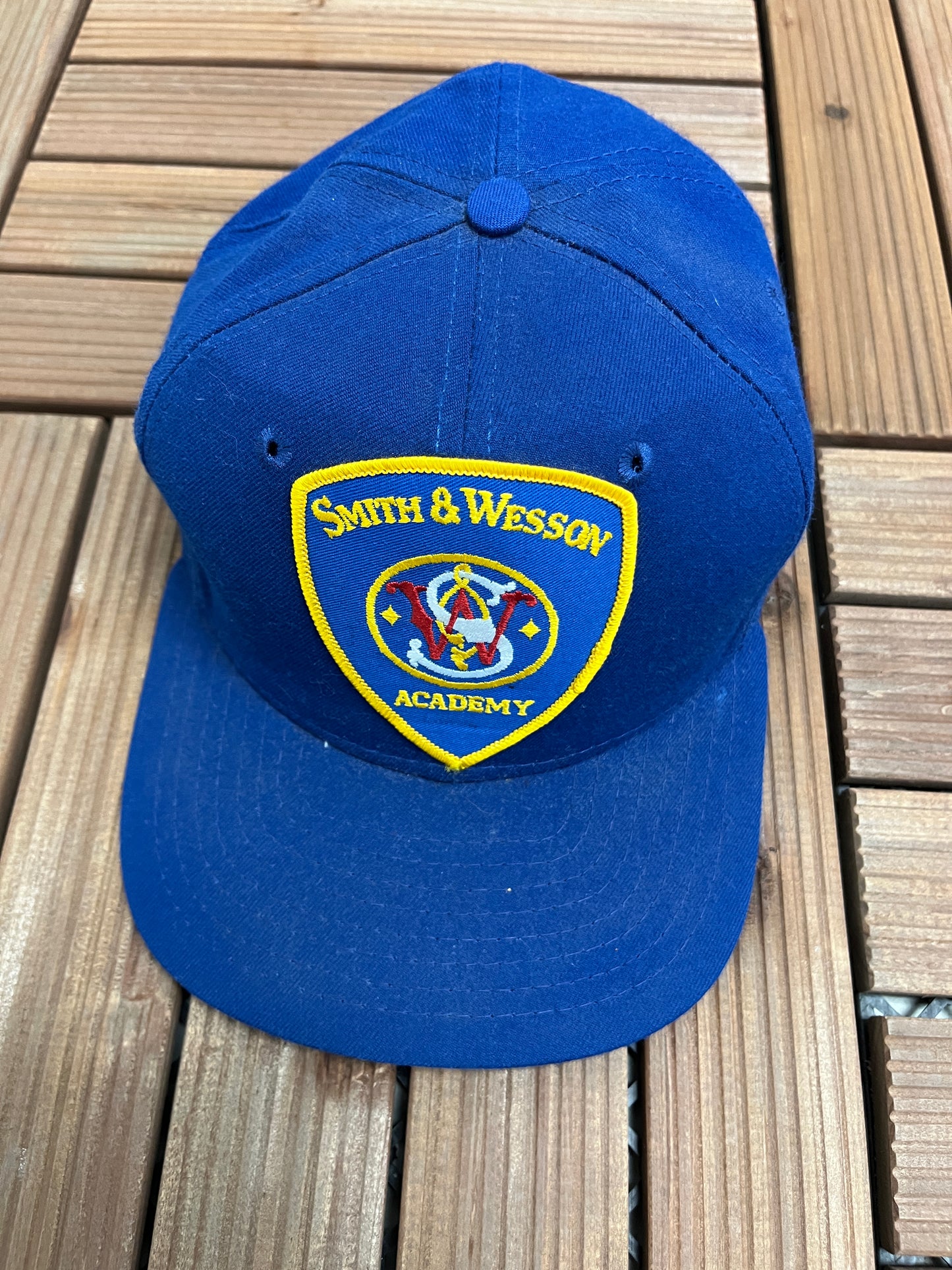 Smith & Wesson Academy Patch Graphic Hat | Adjustable With Snap Back | Vintage 1990s Promotional Blue Cap |