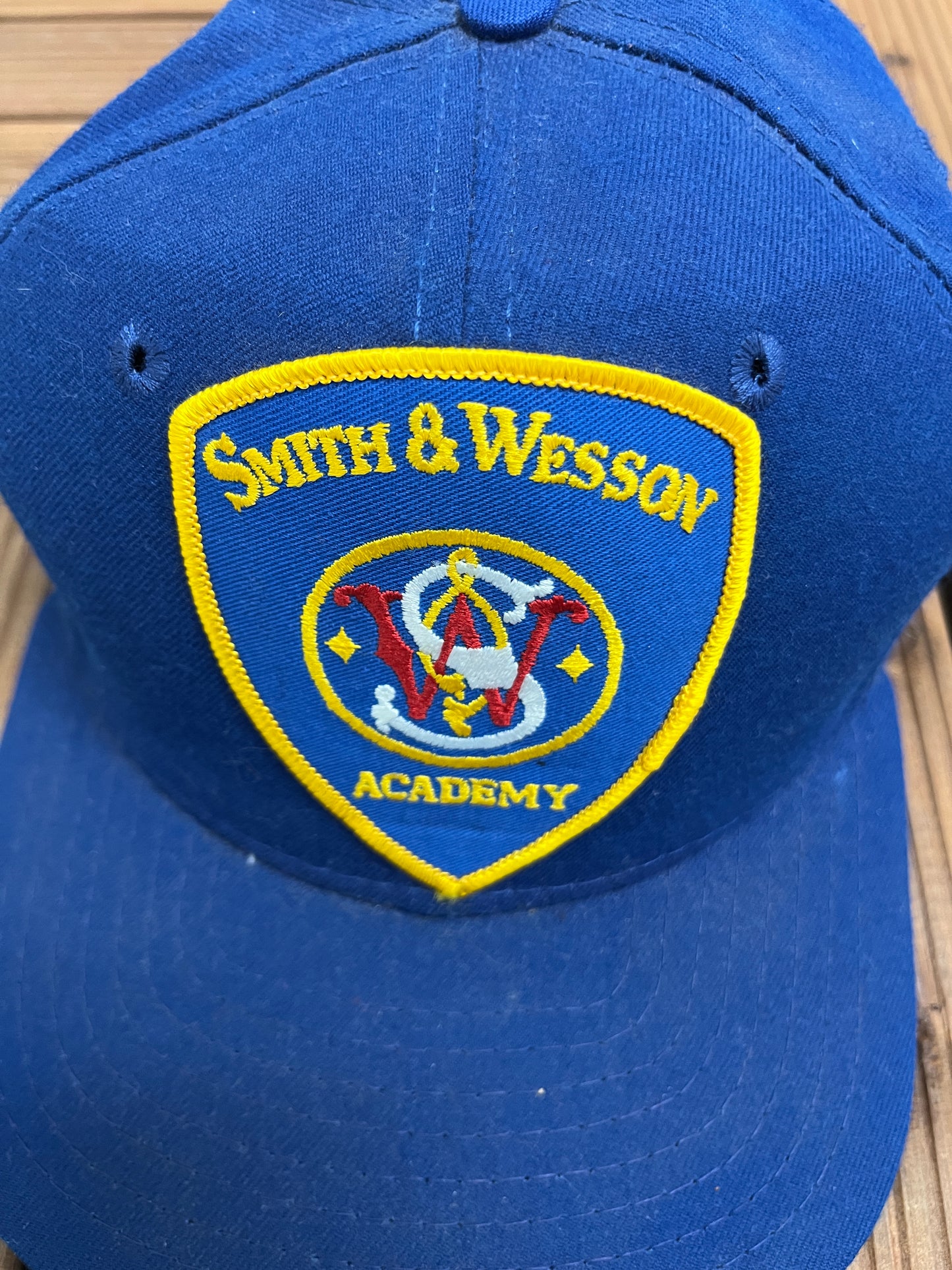 Smith & Wesson Academy Patch Graphic Hat | Adjustable With Snap Back | Vintage 1990s Promotional Blue Cap |
