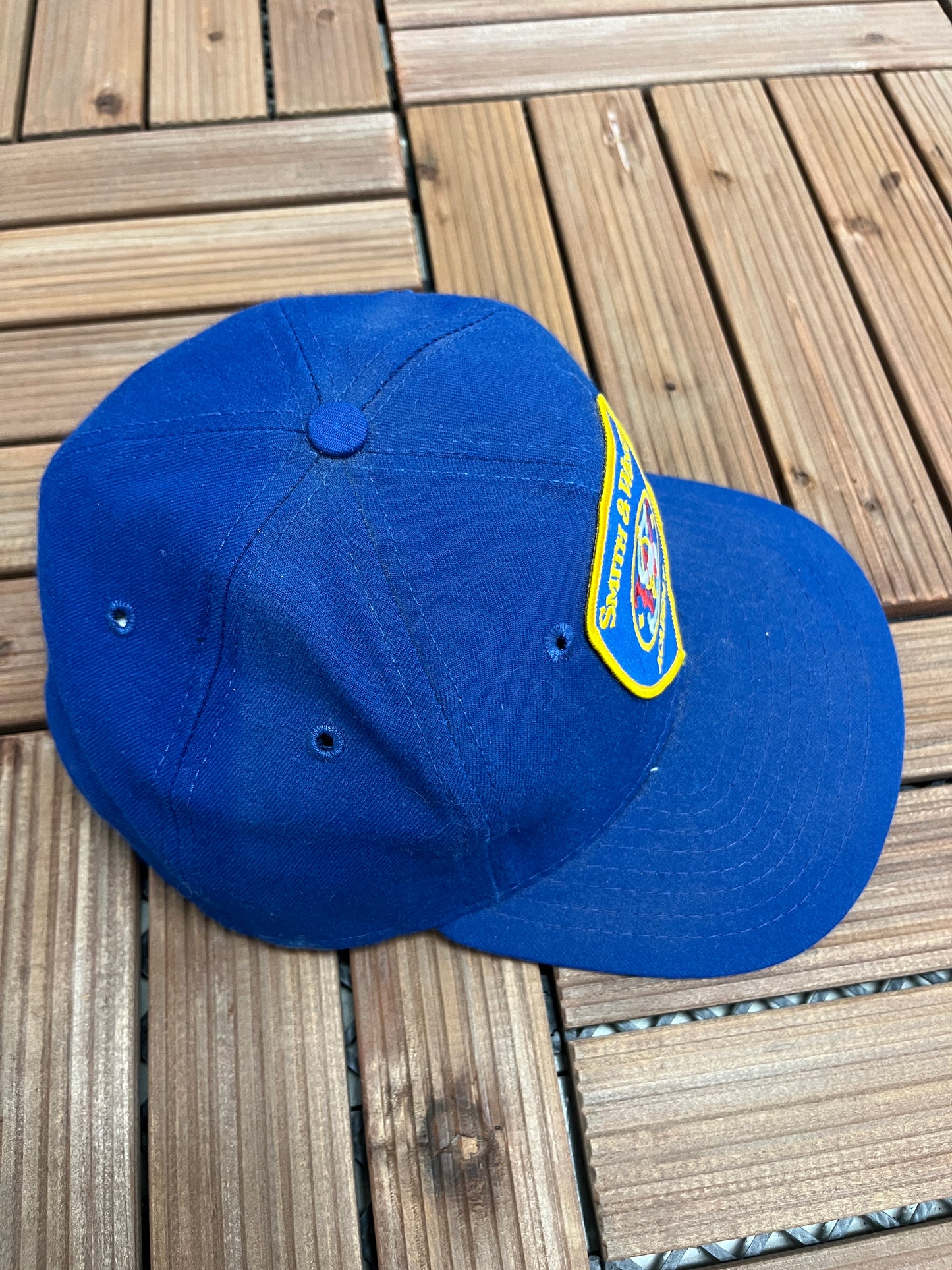 Smith & Wesson Academy Patch Graphic Hat | Adjustable With Snap Back | Vintage 1990s Promotional Blue Cap |