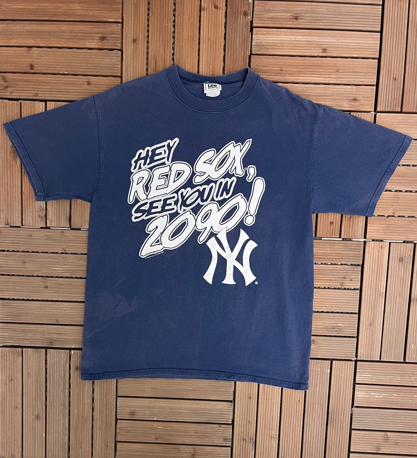 New York Yankees See You In 2090 Graphic Tee | Size Large | Vintage 2000s MLB Baseball Blue T-Shirt |