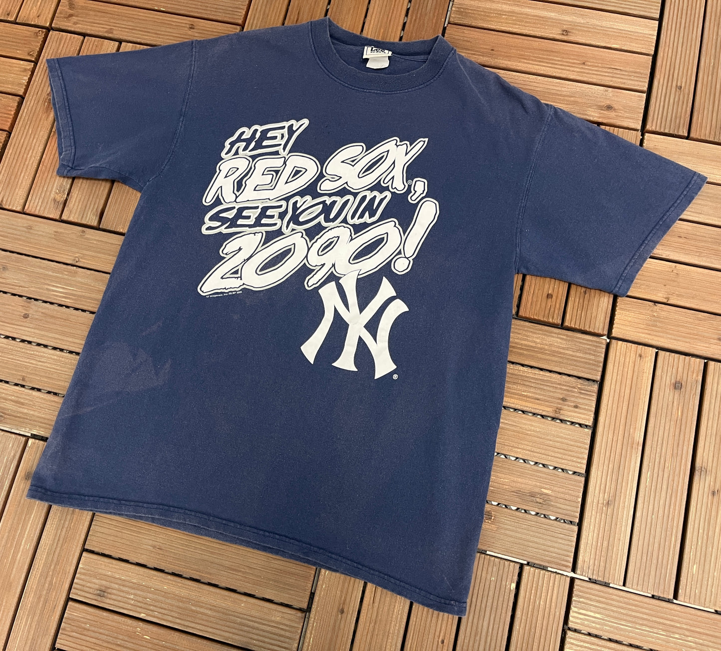 New York Yankees See You In 2090 Graphic Tee | Size Large | Vintage 2000s MLB Baseball Blue T-Shirt |