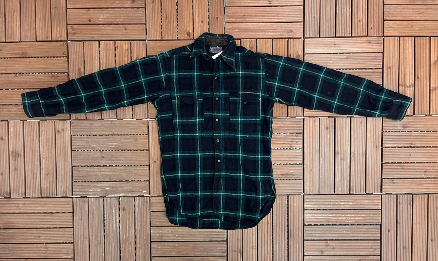 Pendleton Pure Virgin Wool Flannel Shirt | Size Medium | Vintage 1990s Blue & Green Button Down | Made in USA |