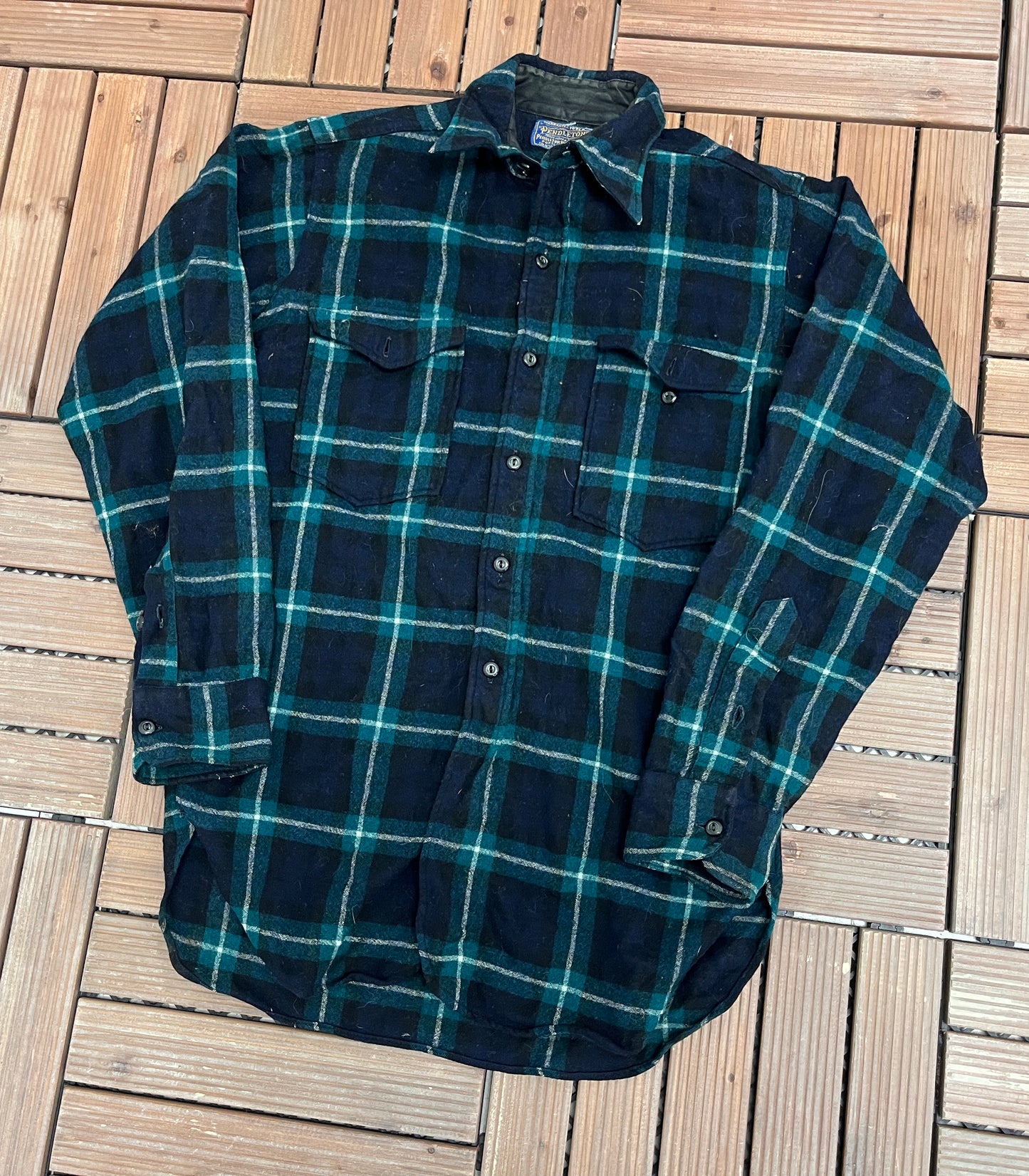 Pendleton Pure Virgin Wool Flannel Shirt | Size Medium | Vintage 1990s Blue & Green Button Down | Made in USA |