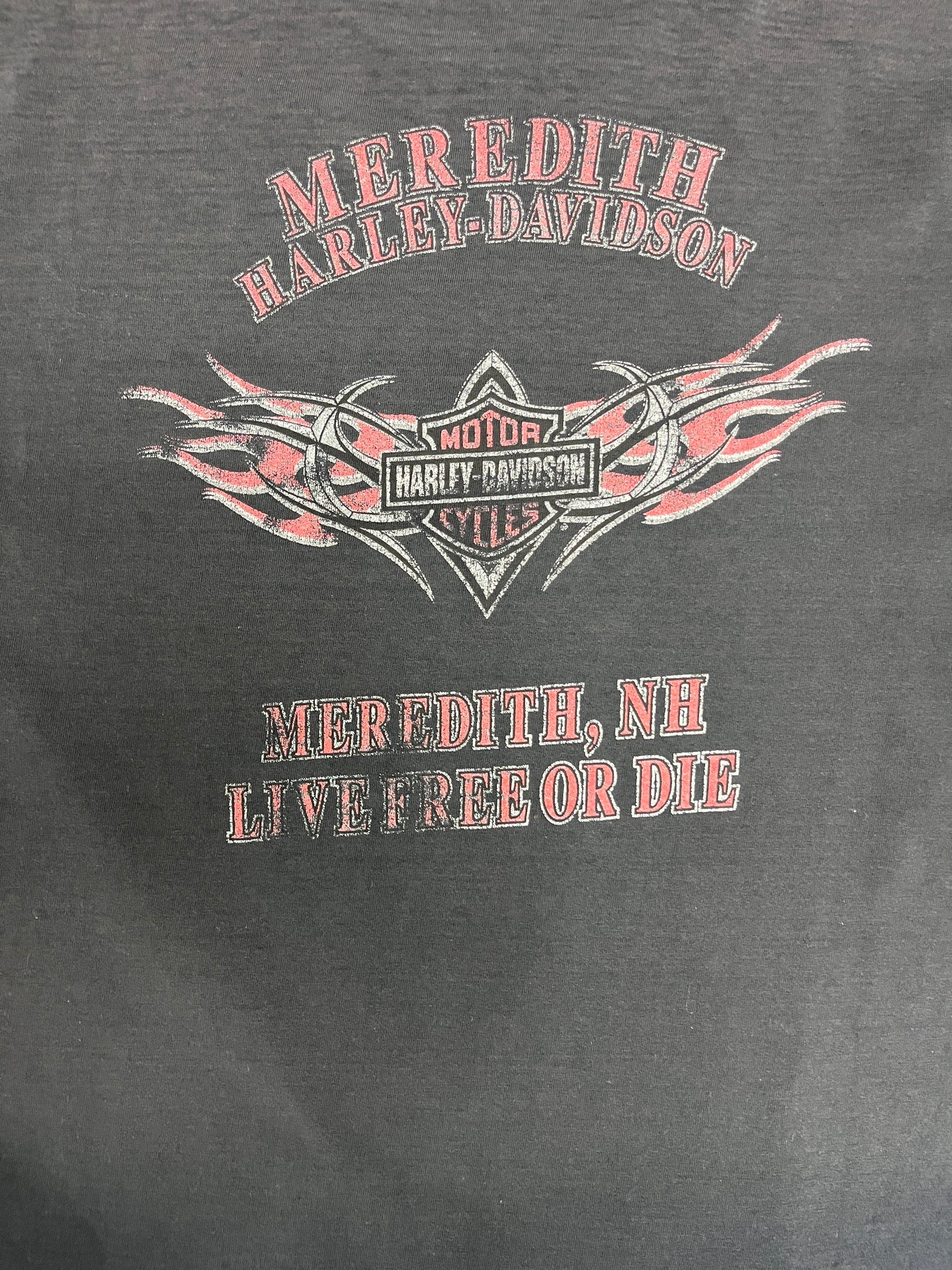 Harley Davidson Meredith, New Hampshire Graphic Tee | Size X-Large | Vintage 2000s Biker Motorcycle Black T-Shirt | Made in USA |