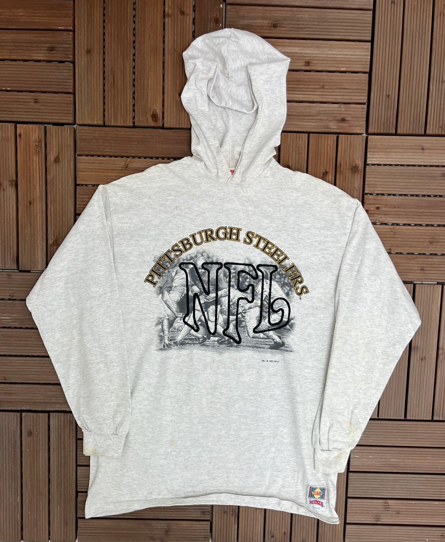 Pittsburgh Steelers NFL Embroidered Graphic Hoodie | Size XL | Vintage 1990s Nutmeg Grey Single Stitch Sweatshirt |
