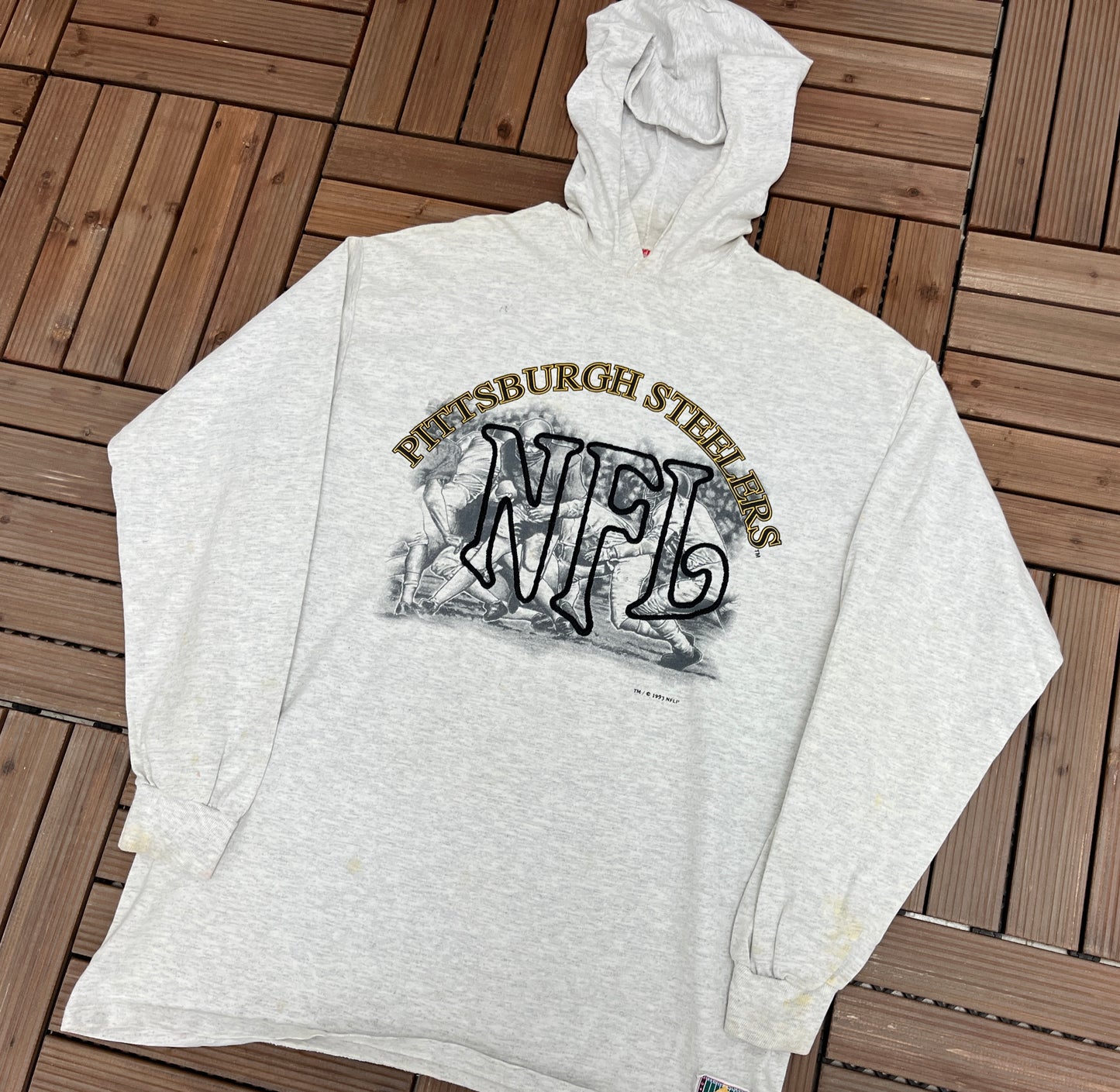 Pittsburgh Steelers NFL Embroidered Graphic Hoodie | Size XL | Vintage 1990s Nutmeg Grey Single Stitch Sweatshirt |