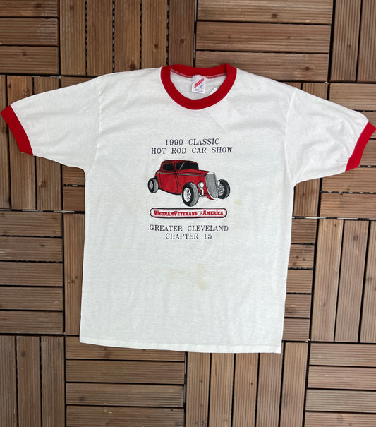 1990 Classic Hot Rod Car Show Graphic Tee | Size Large | Vintage 1990s Car Show White T-Shirt | Made in USA | Free Shipping to USA |