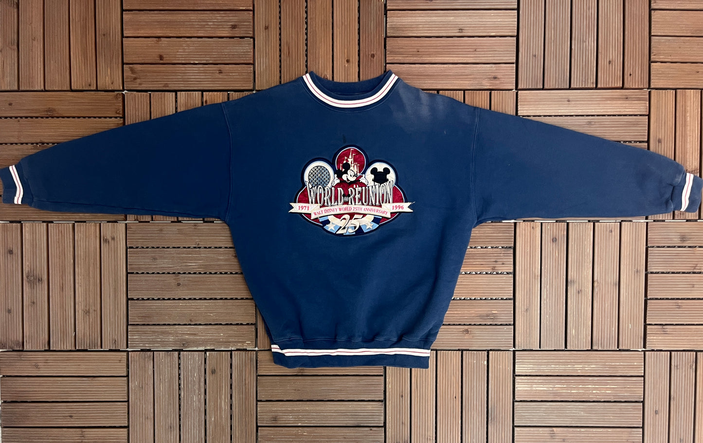 Walt Disney 25th Anniversary Embroidered Graphic Crewneck | Size Medium | Vintage 1990s Blue Mickey Mouse Disney Sweater |